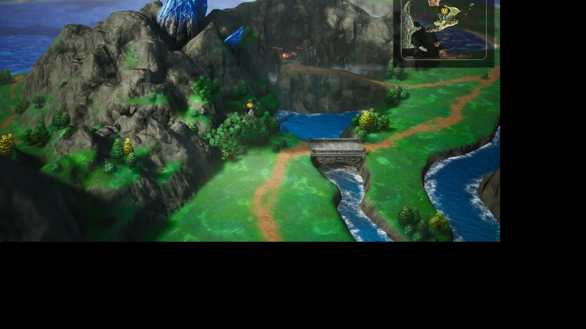 Mountain with blue crystals above a waterfall pool and stone bridge on the Felicitas island in Final Fantasy Resonance