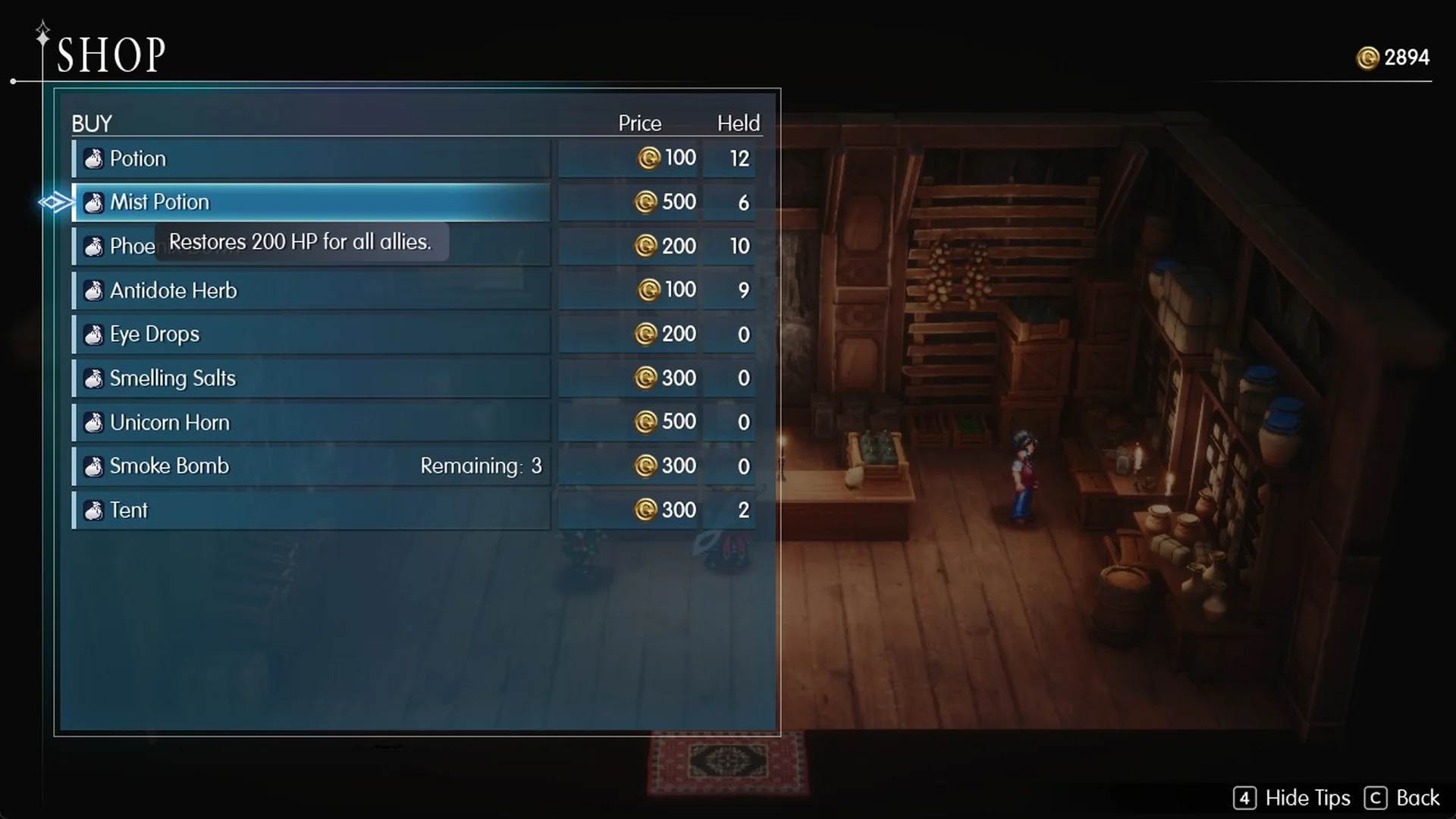 Felicitas item shop with Potions, Mist Potions and Phoenix Downs bought