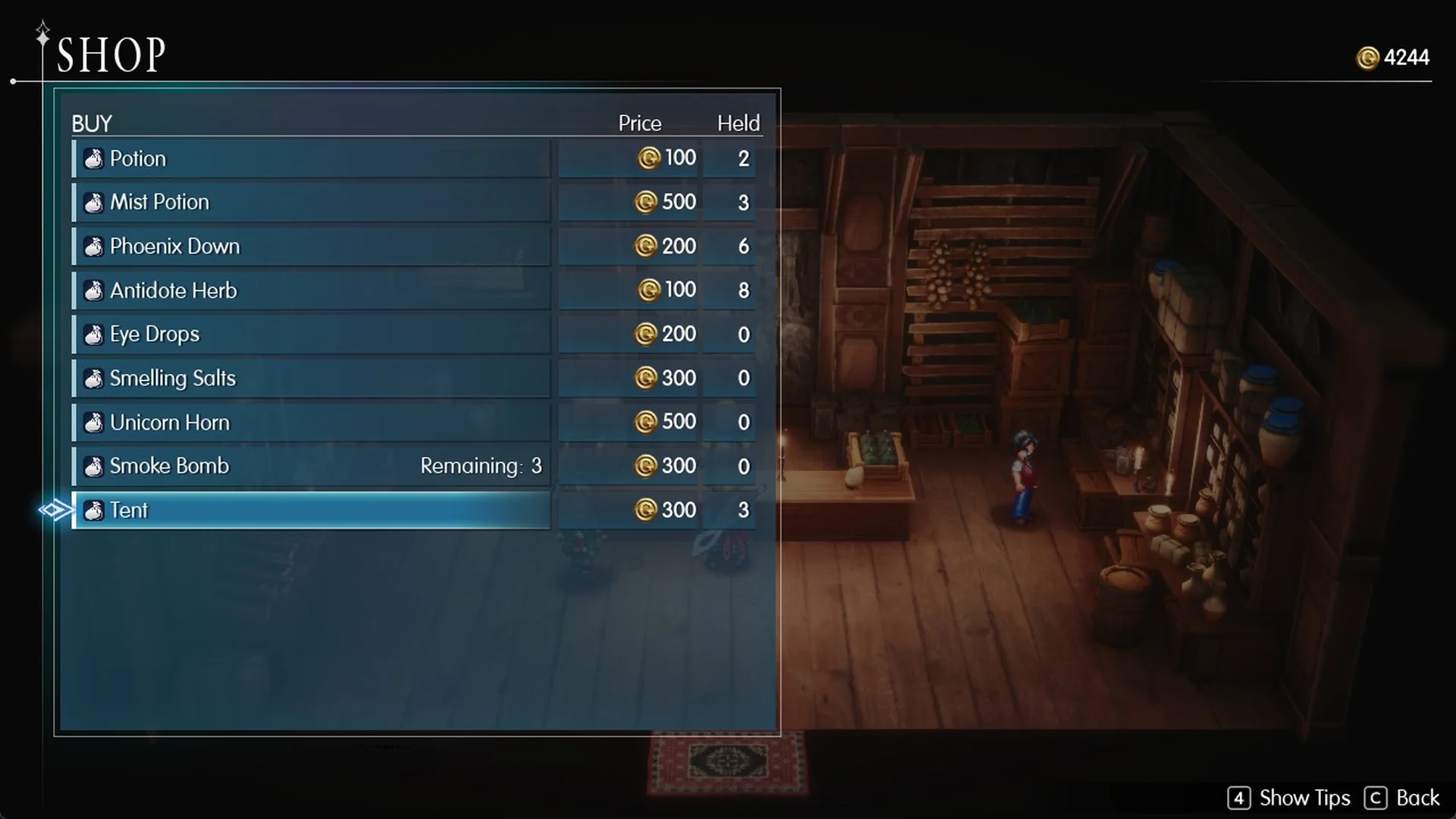 Felicitas item shop BUY list from Potion 100 to Tent 300 Gil with Smoke Bomb Remaining 3
