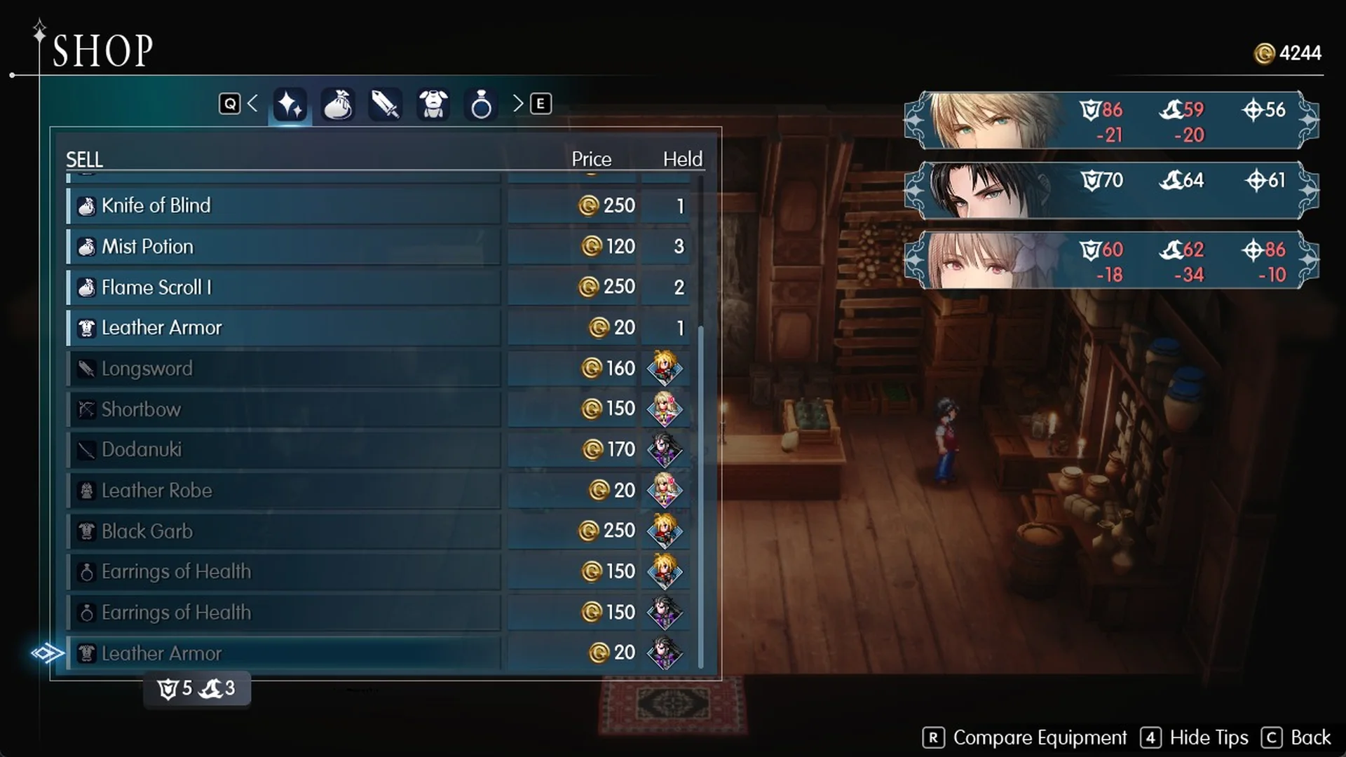 Sell list with equipment prices, equipped gear greyed out with the wearer's portrait