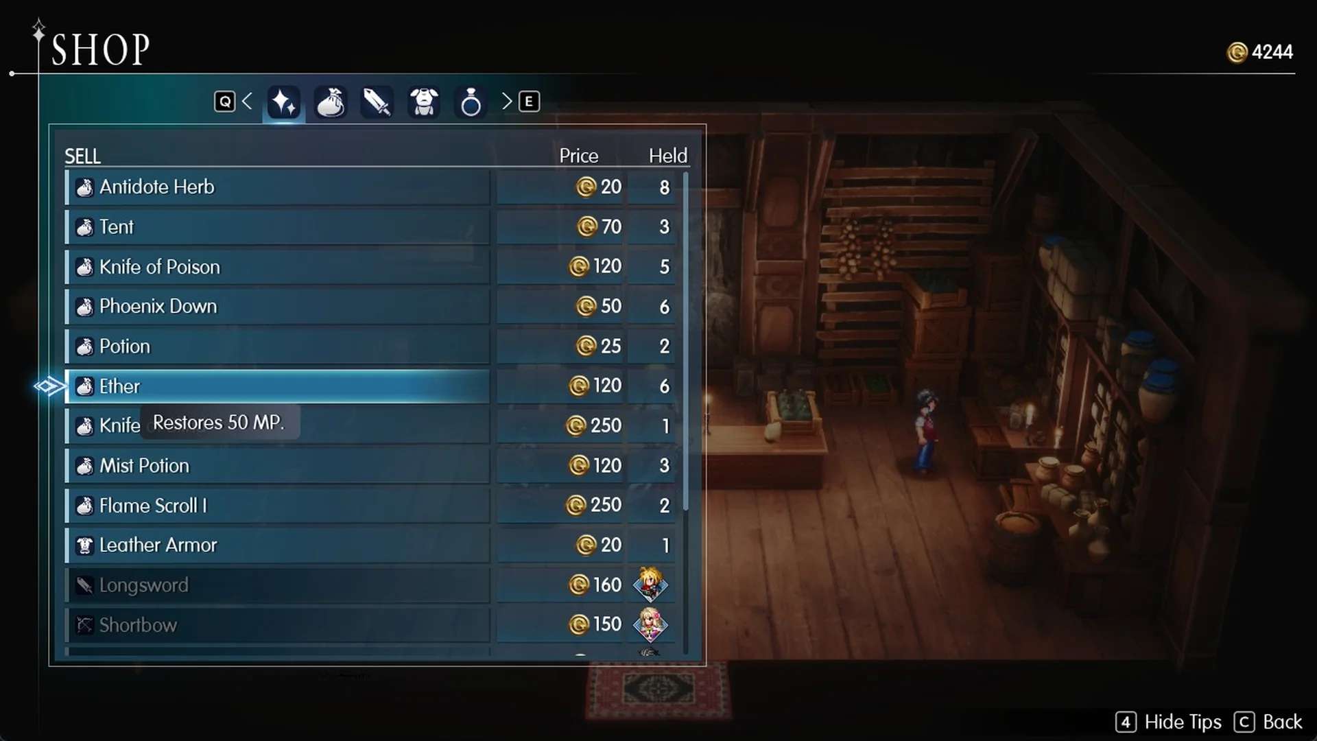 Sell tab with Ether selected at 120 Gil and its tooltip Restores 50 MP