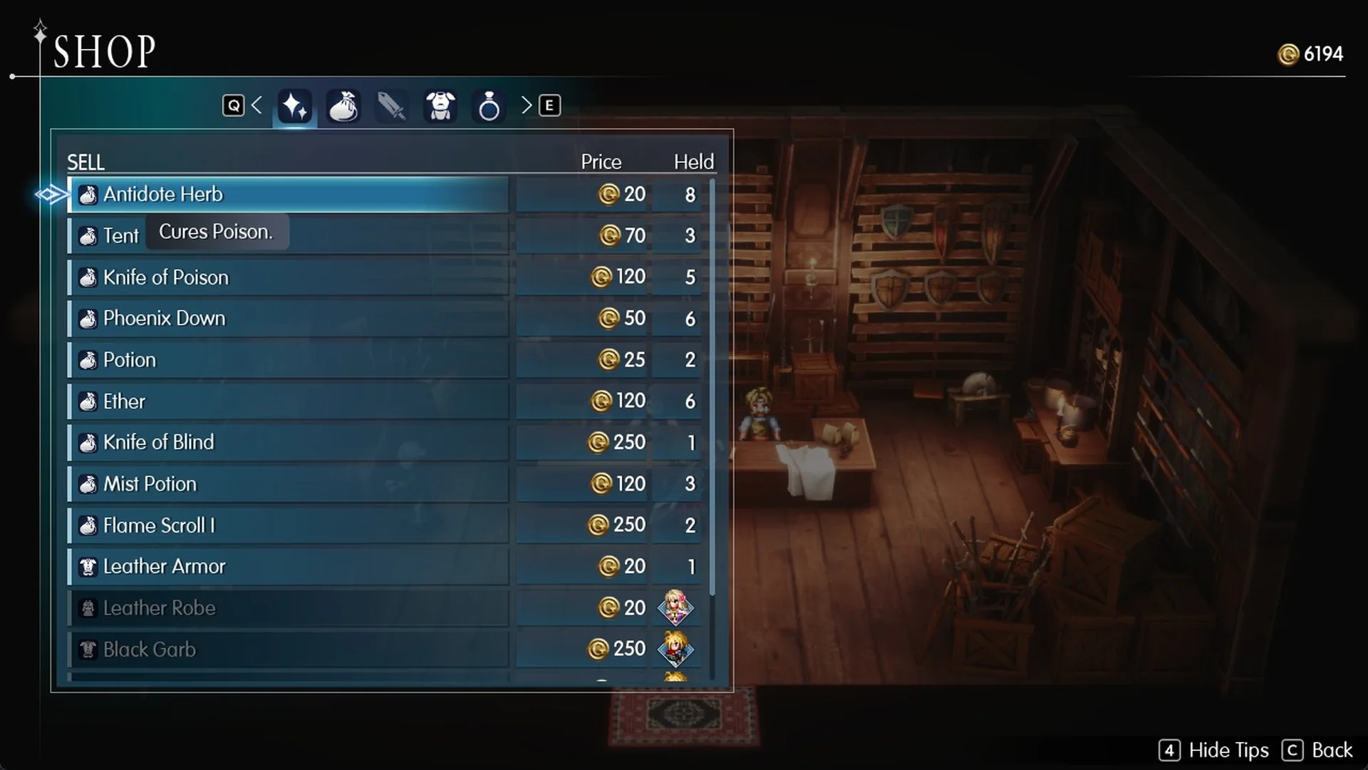 Sell tab with consumable prices including Potion 25, Phoenix Down 50 and Ether 120 Gil