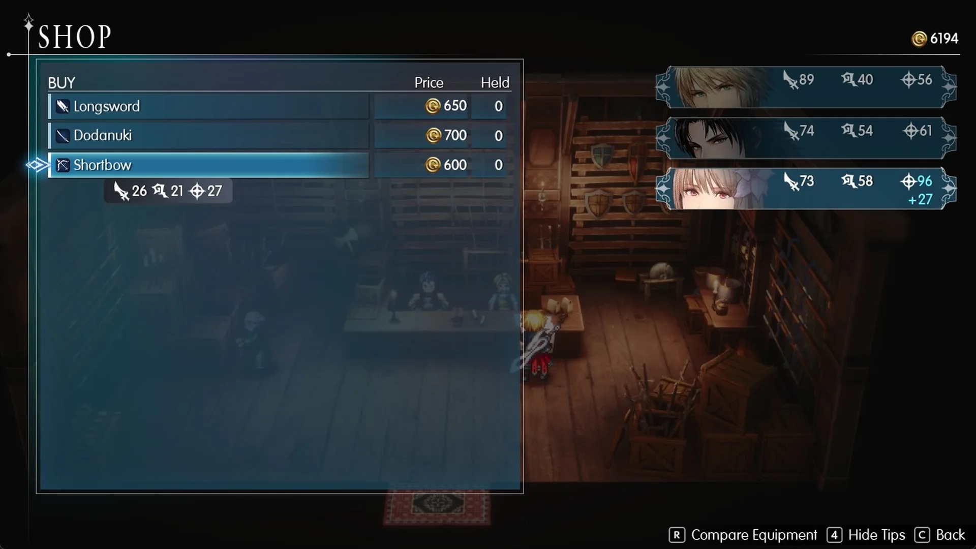 Weapon BUY list with the Shortbow at 600 Gil and Fina's +27 Sanctity comparison