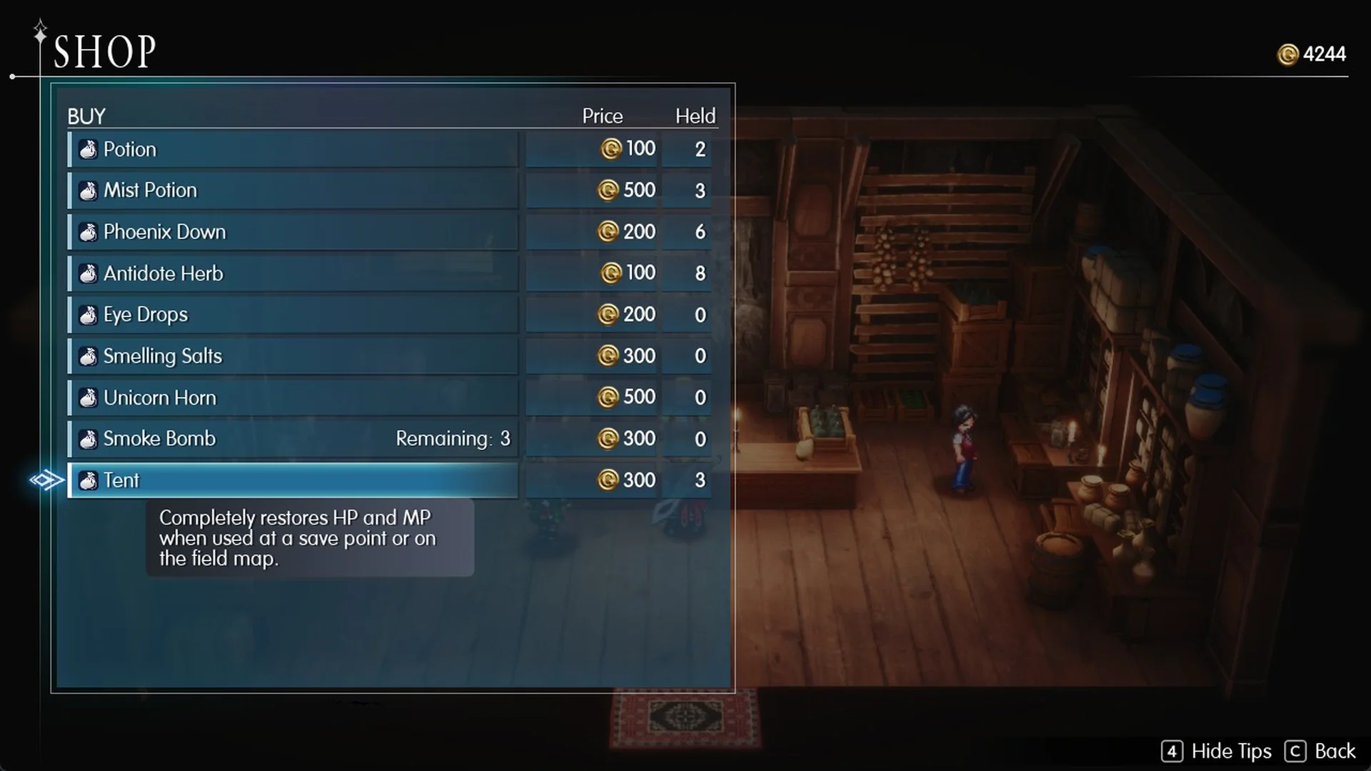 Tent at 300 Gil with its tooltip about restoring HP and MP at a save point or on the field map