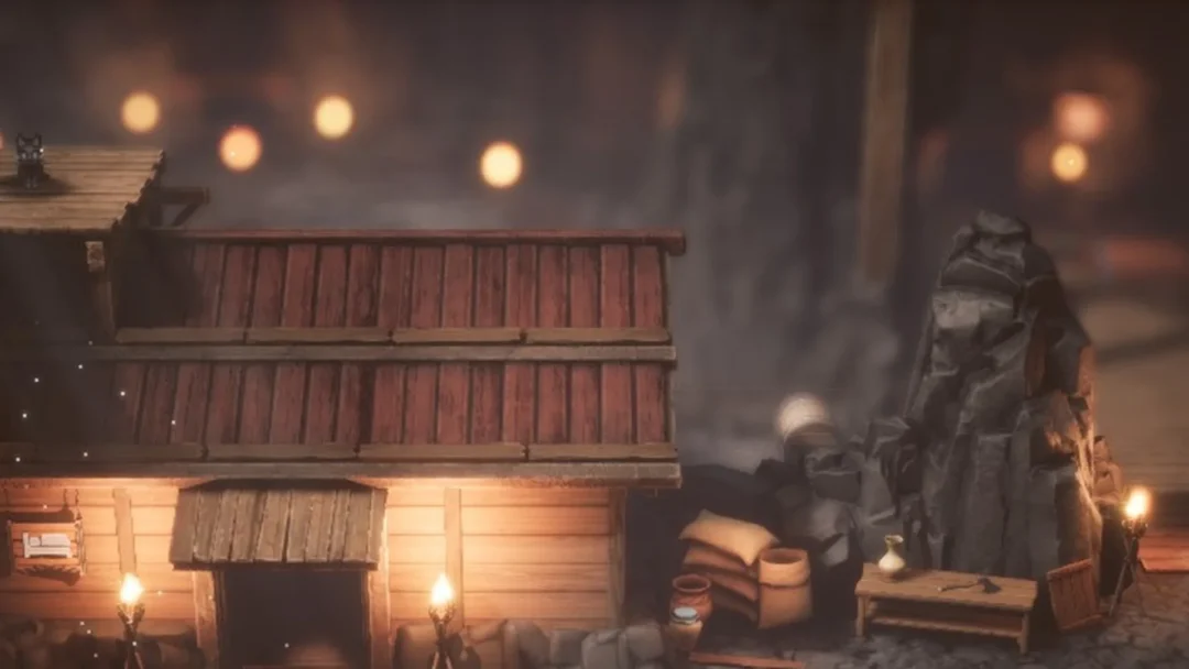 The Felicitas inn with its bed sign inside the mountain town, lit by torches