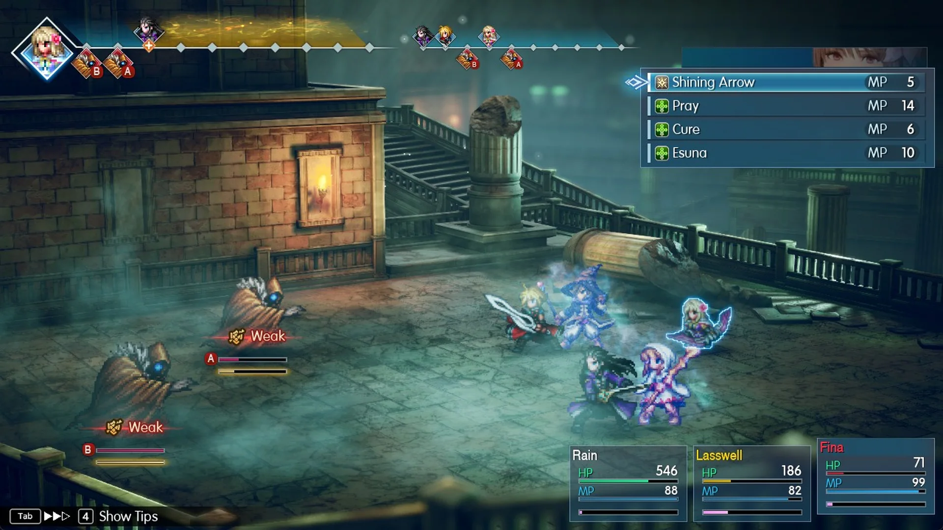 Fina's battle skill list with Shining Arrow, Pray, Cure and Esuna and their MP costs
