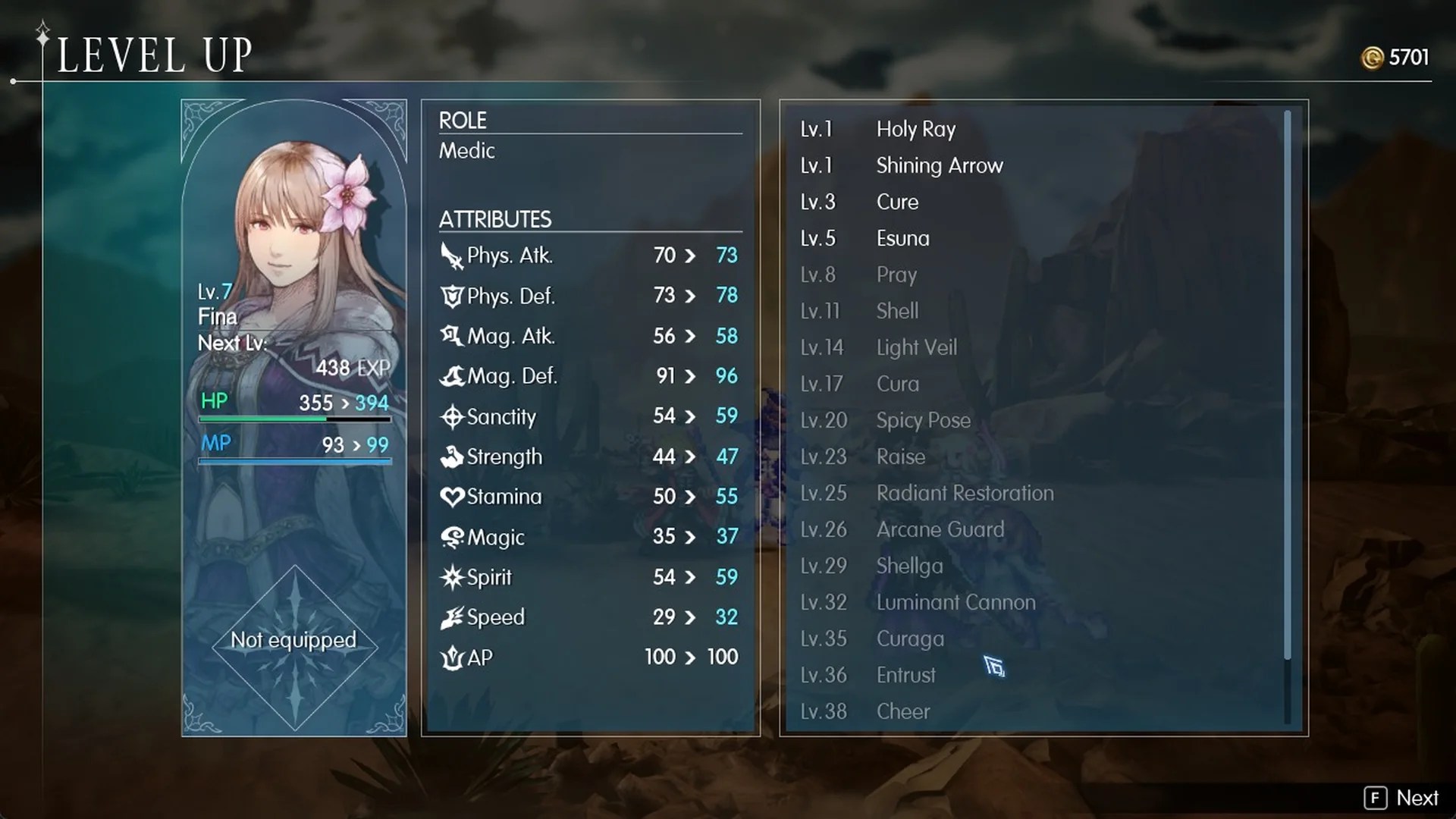 Fina's LEVEL UP screen at Lv.7 showing the Medic role, her attributes and skill list