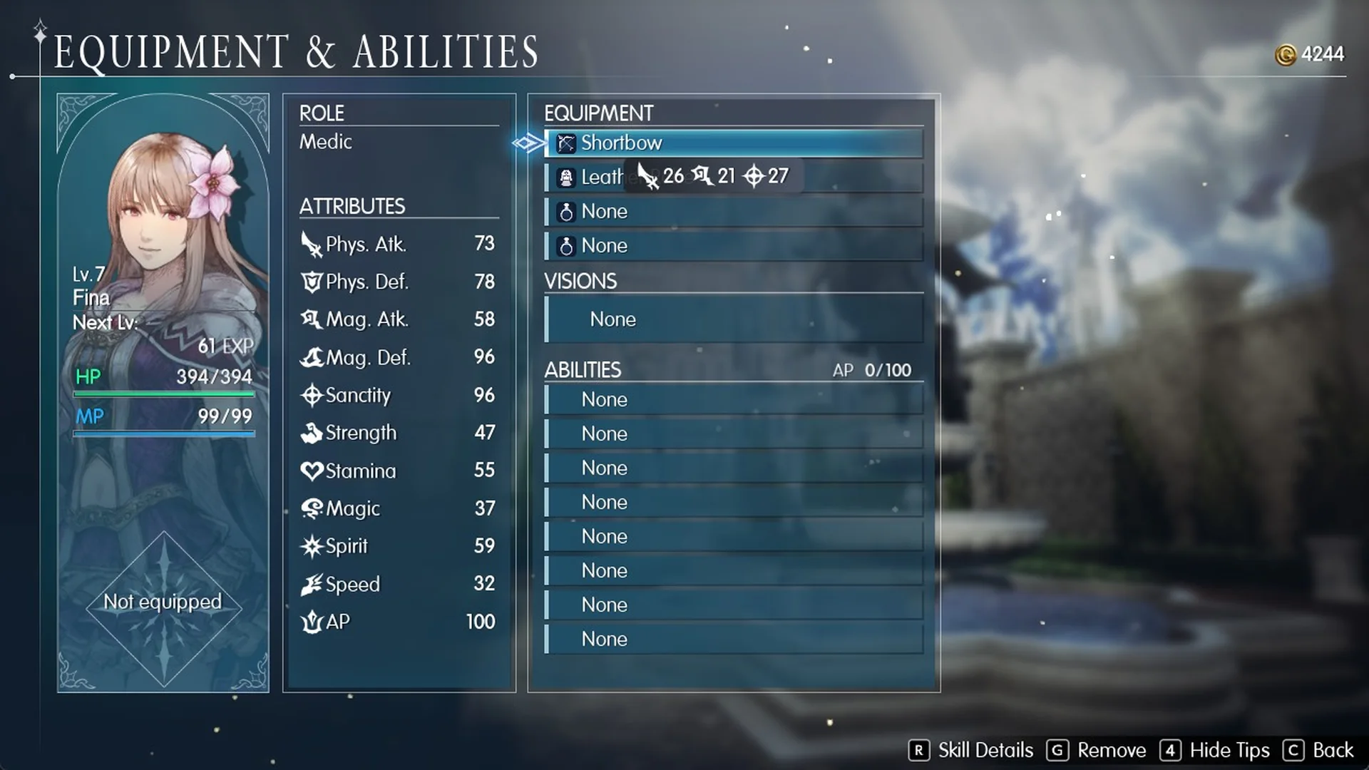 Fina's Equipment and Abilities screen with the Shortbow equipped