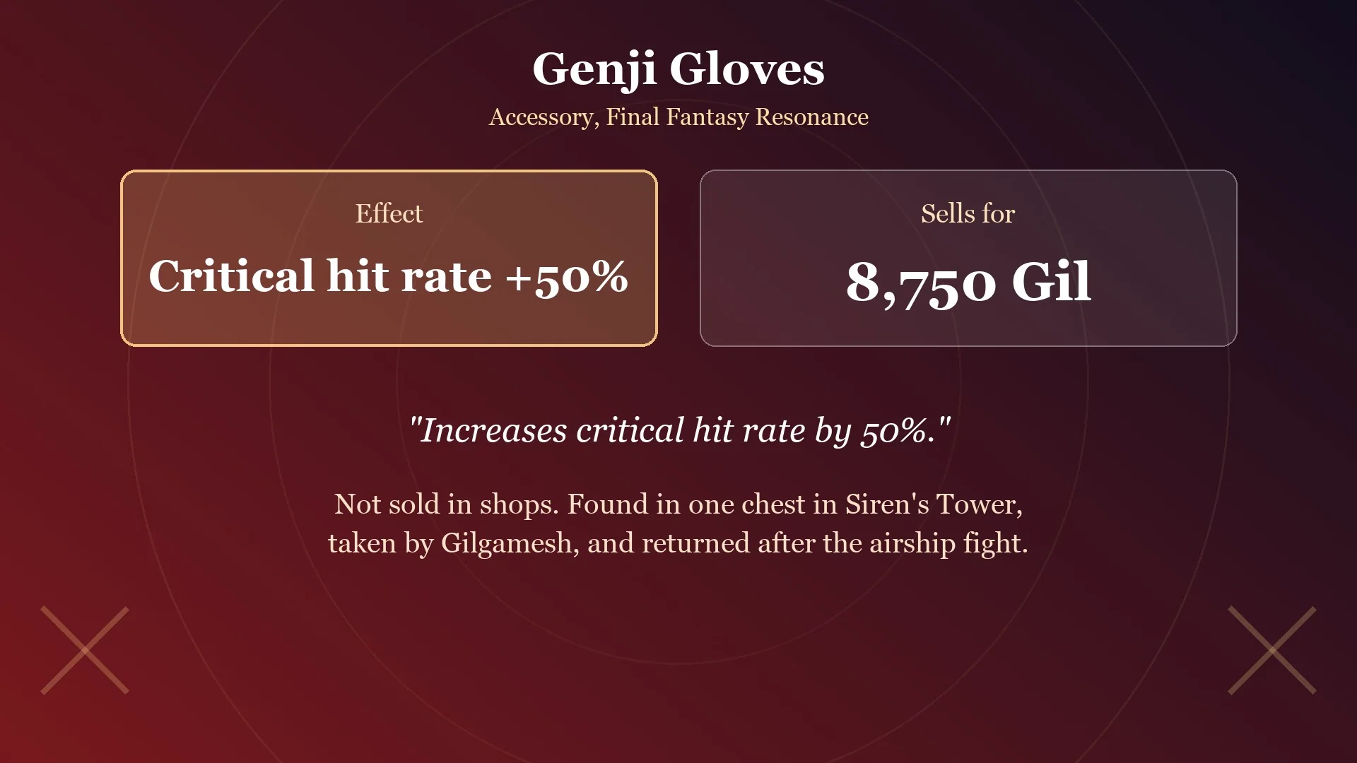 Card showing the Genji Gloves effect, critical hit rate +50 percent, and sell price of 8,750 Gil