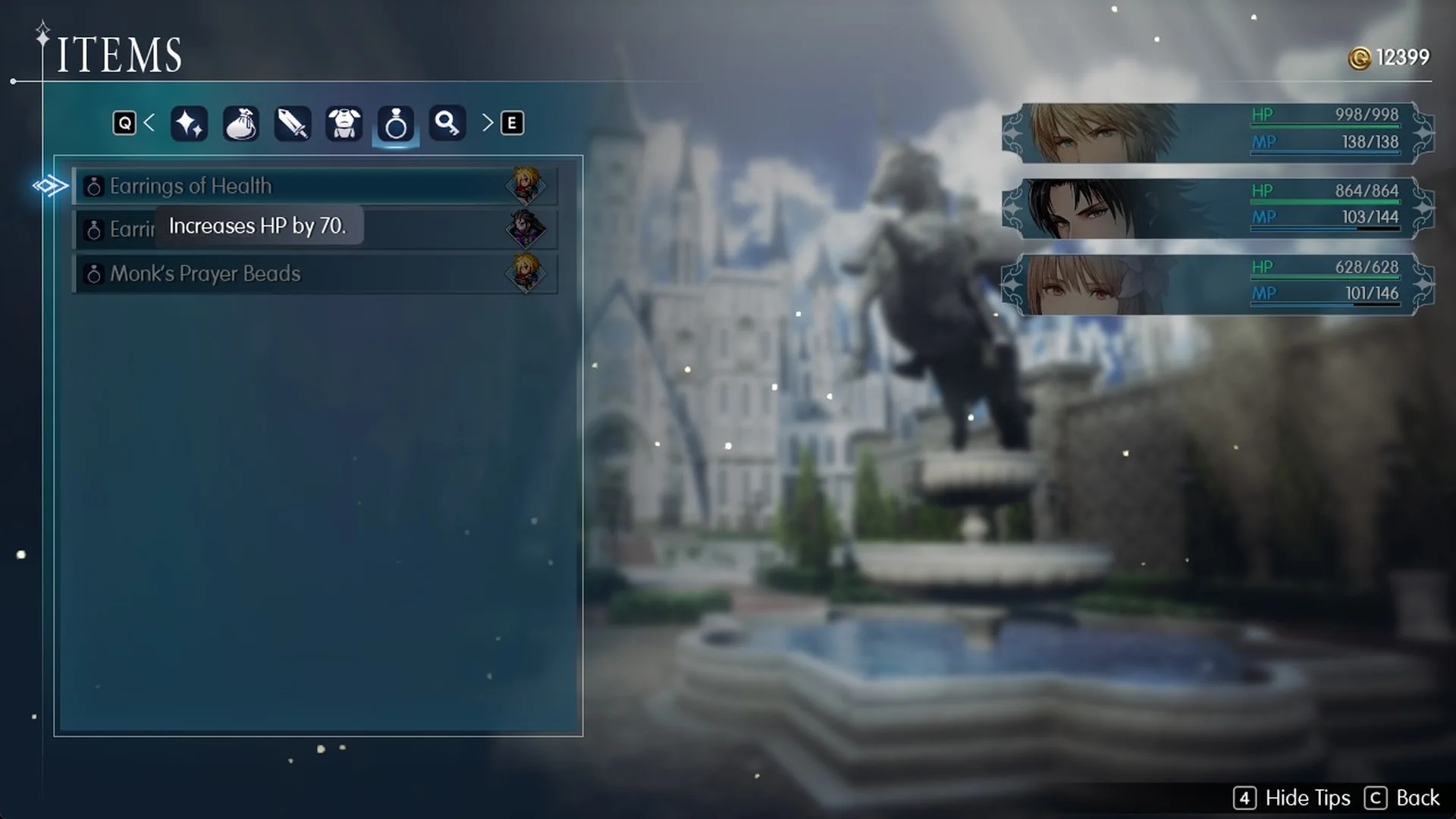 Accessories tab of the Items menu after the Siren's Tower fight, with no Genji Gloves listed
