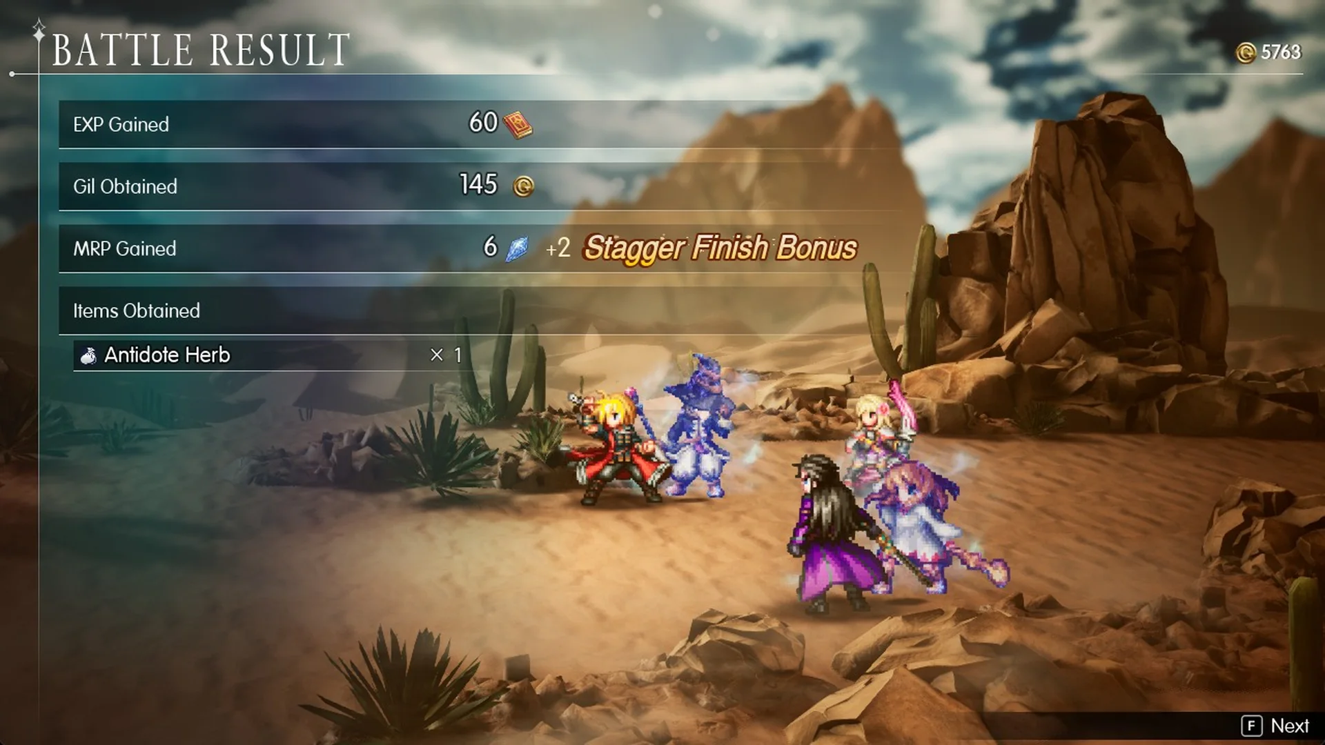 Battle Result showing 60 EXP, 145 Gil, MRP 6 and an Antidote Herb
