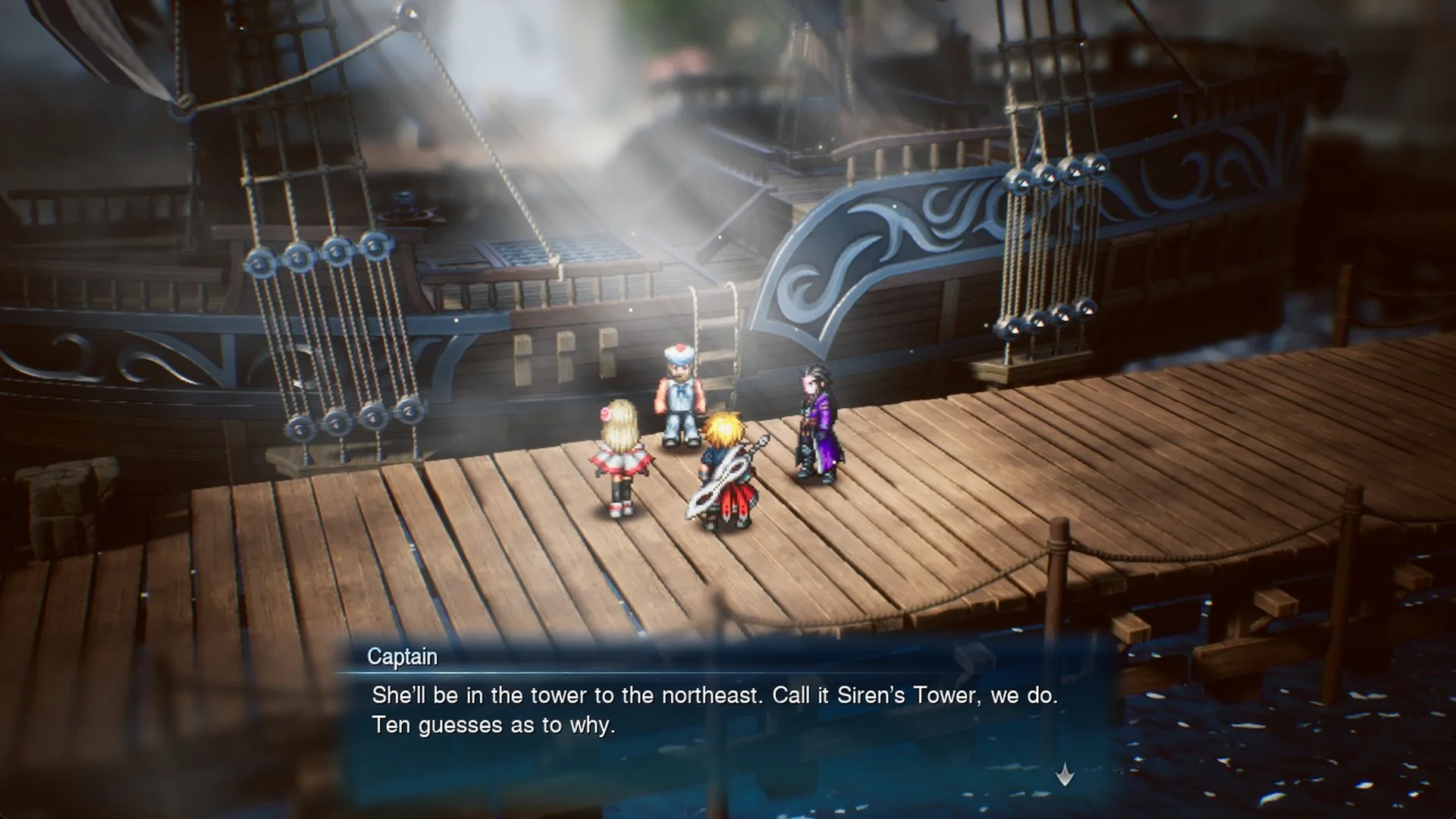 The Captain on the pier saying Siren will be in the tower to the northeast