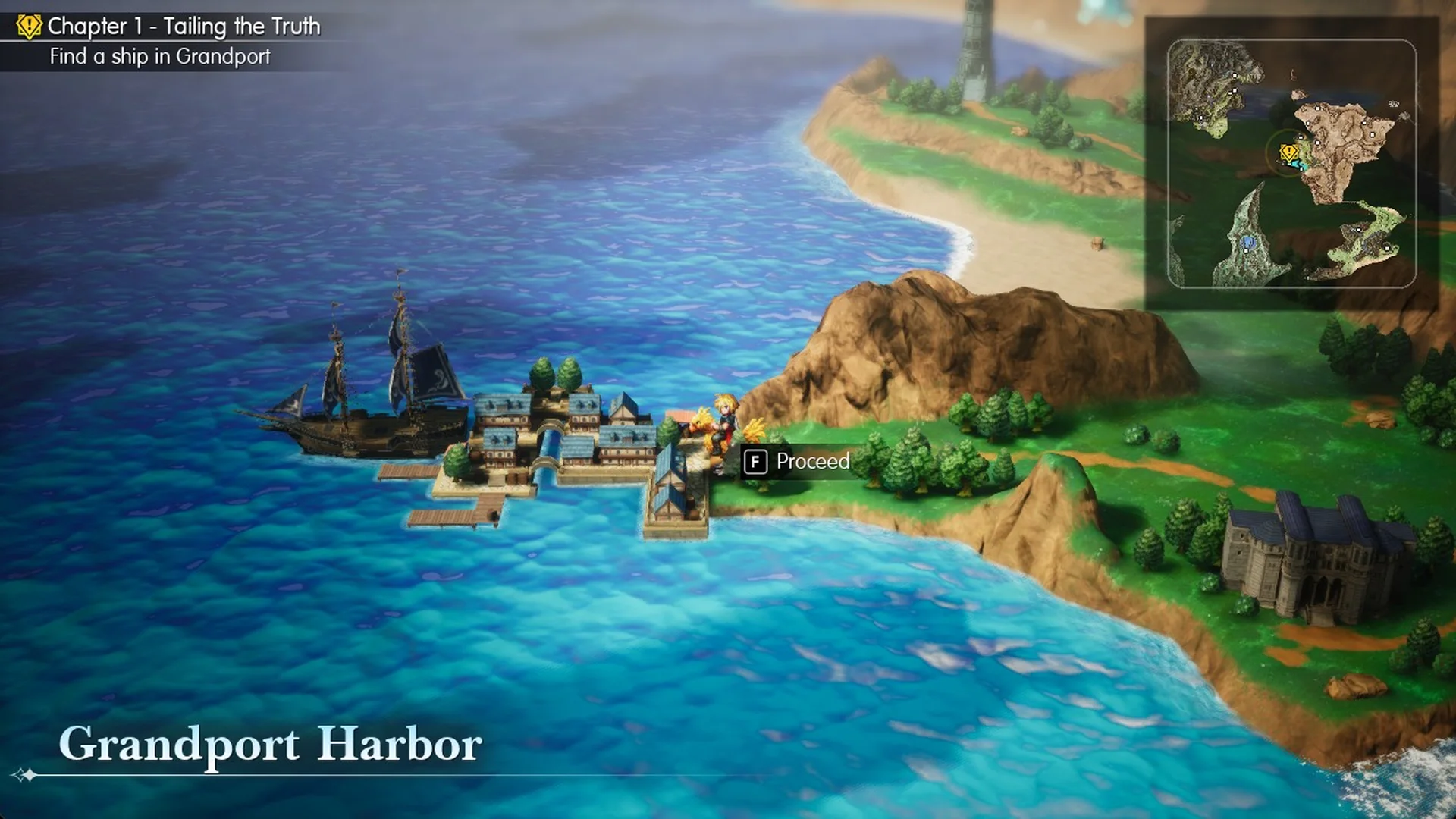 Grandport Harbor banner and F Proceed prompt at the edge of town on the World Map