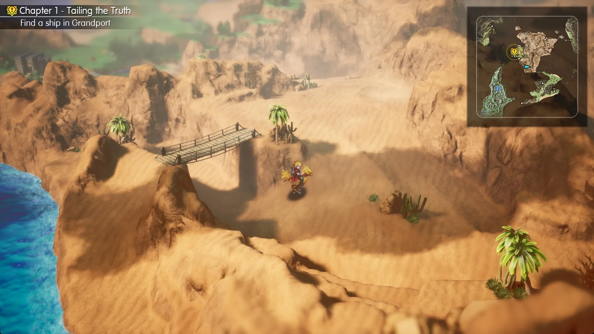 Rain on the chocobo at the east end of the small wooden bridge above the sea
