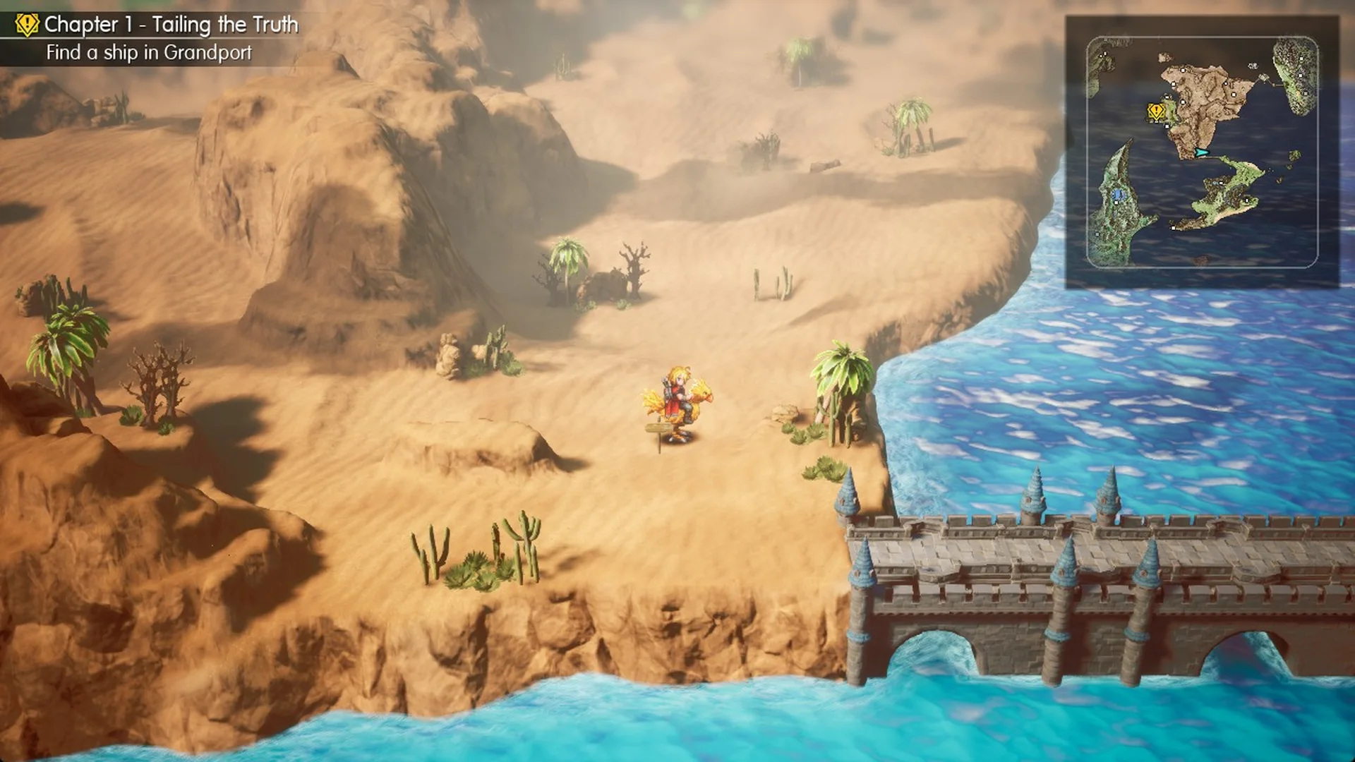 Chocobo rider by the small signpost just west of the long stone bridge on the desert's south coast