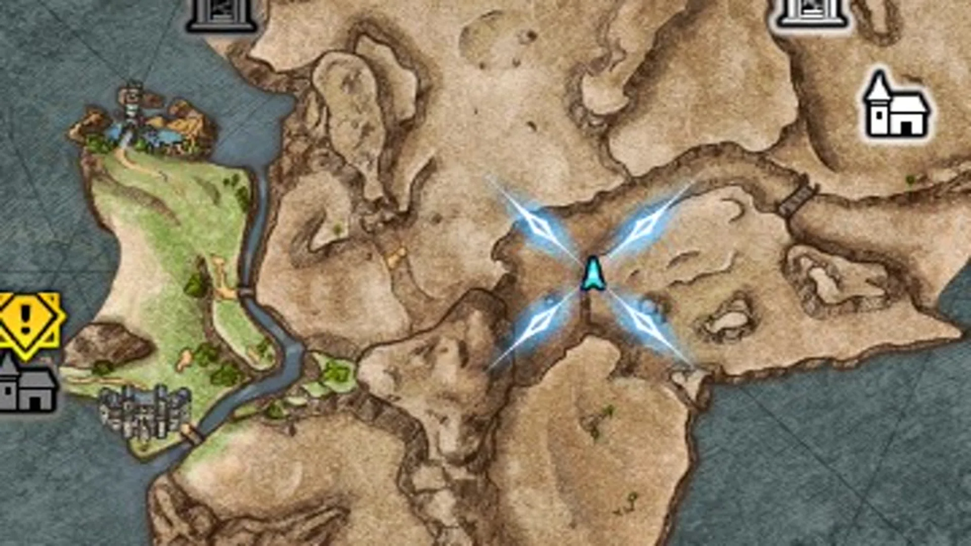 World Map close-up of the X-shaped valley junction with Grandport to the west
