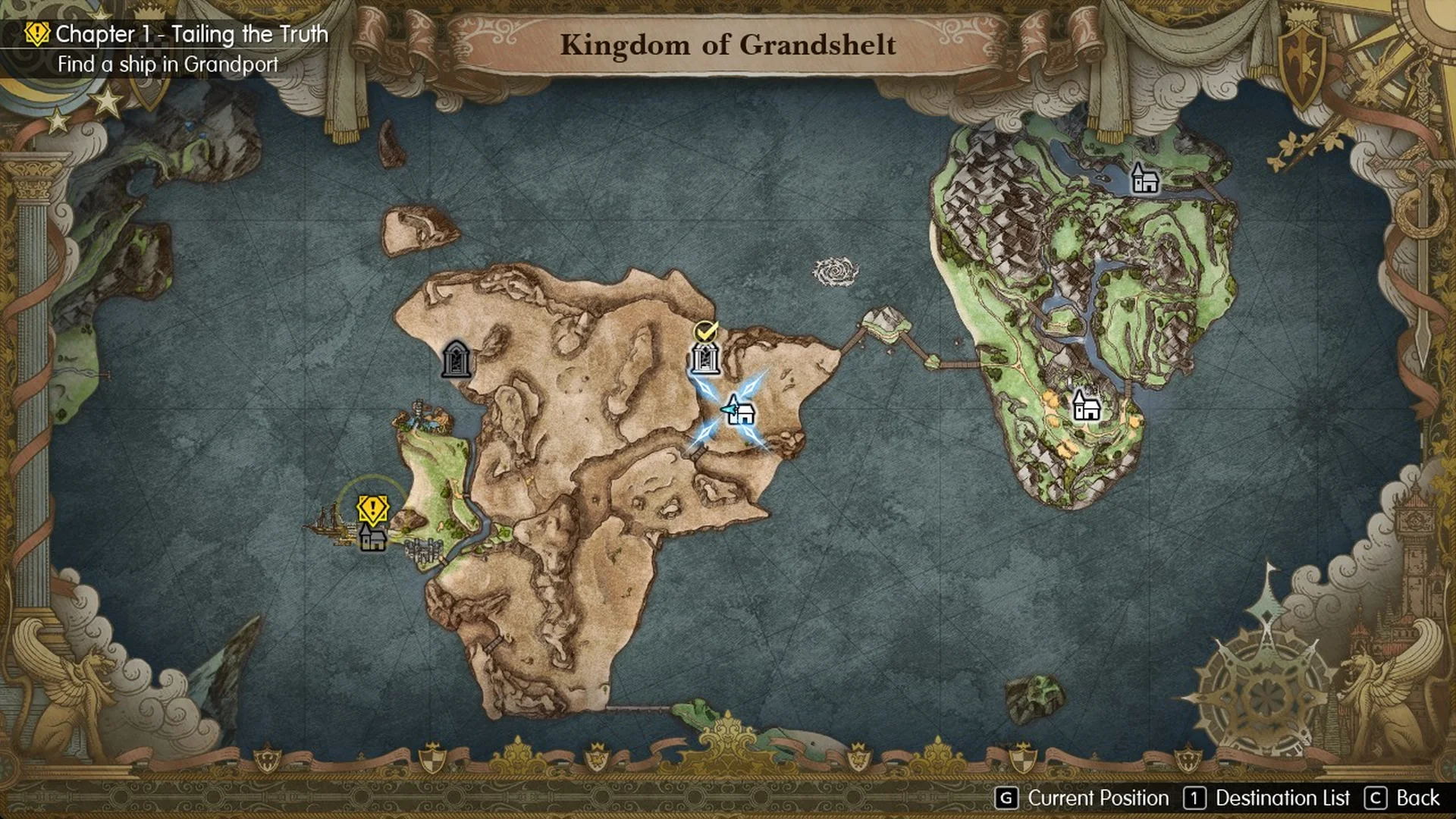 World Map of the Kingdom of Grandshelt with the yellow Grandport quest marker on the green west peninsula