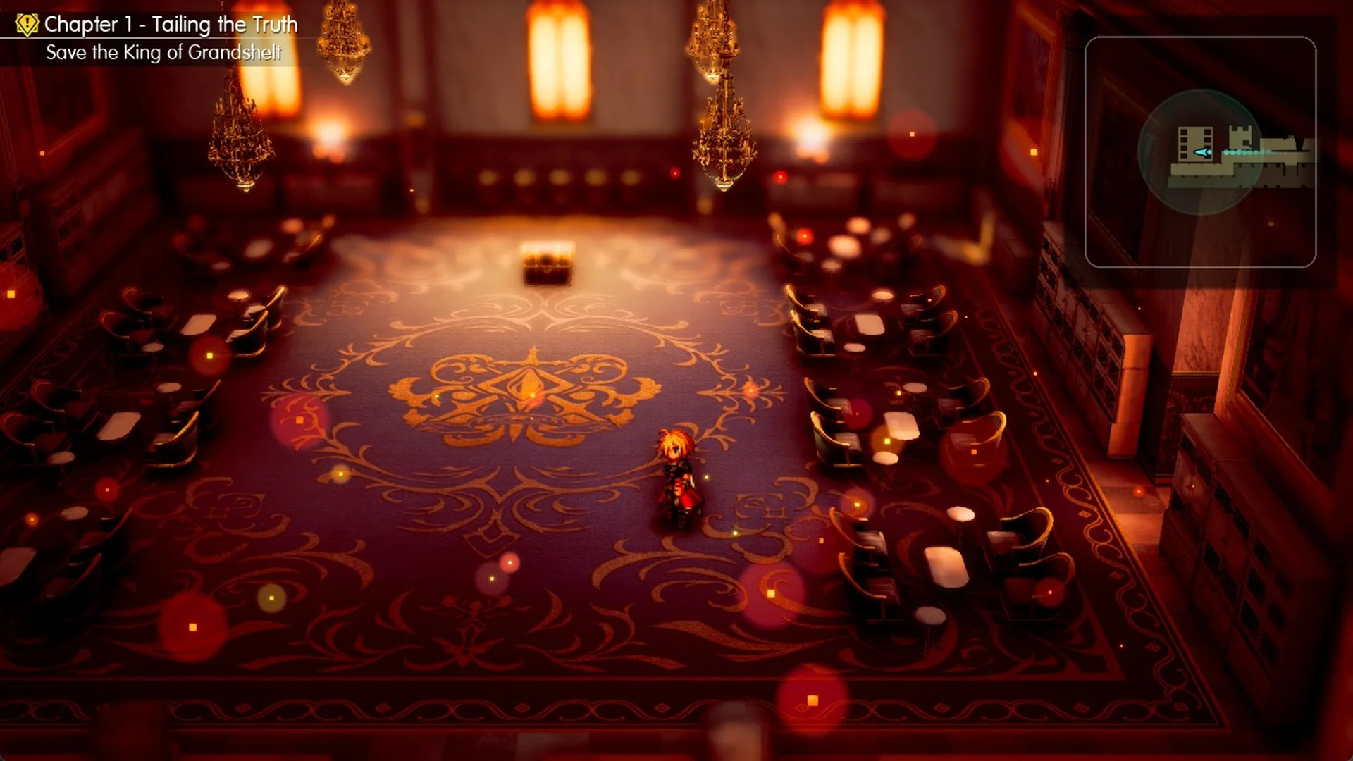 Grandshelt Castle banquet hall with long tables, chandeliers and a patterned carpet