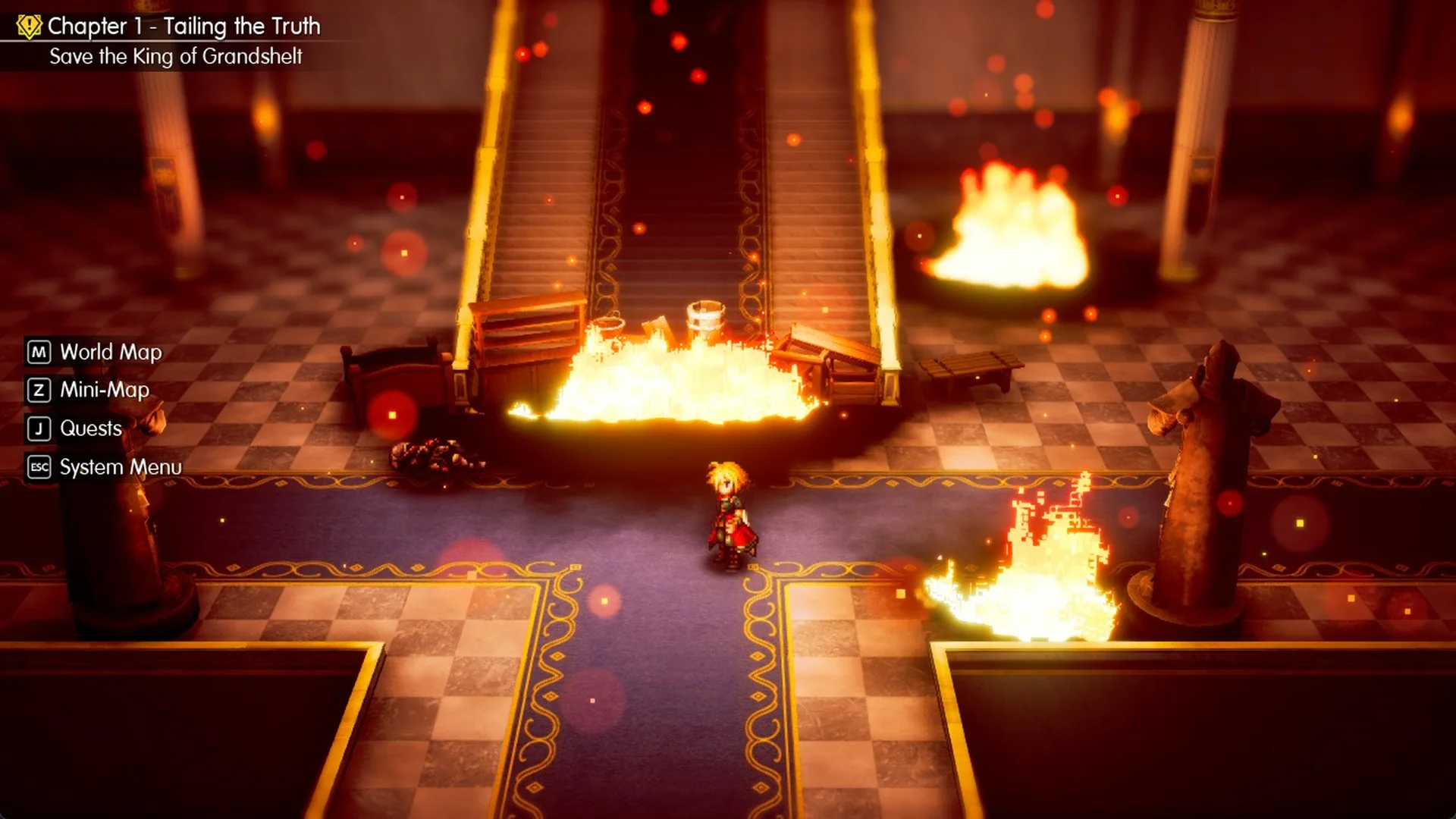 Fire burning at the foot of the grand staircase in the main corridor of Grandshelt Castle