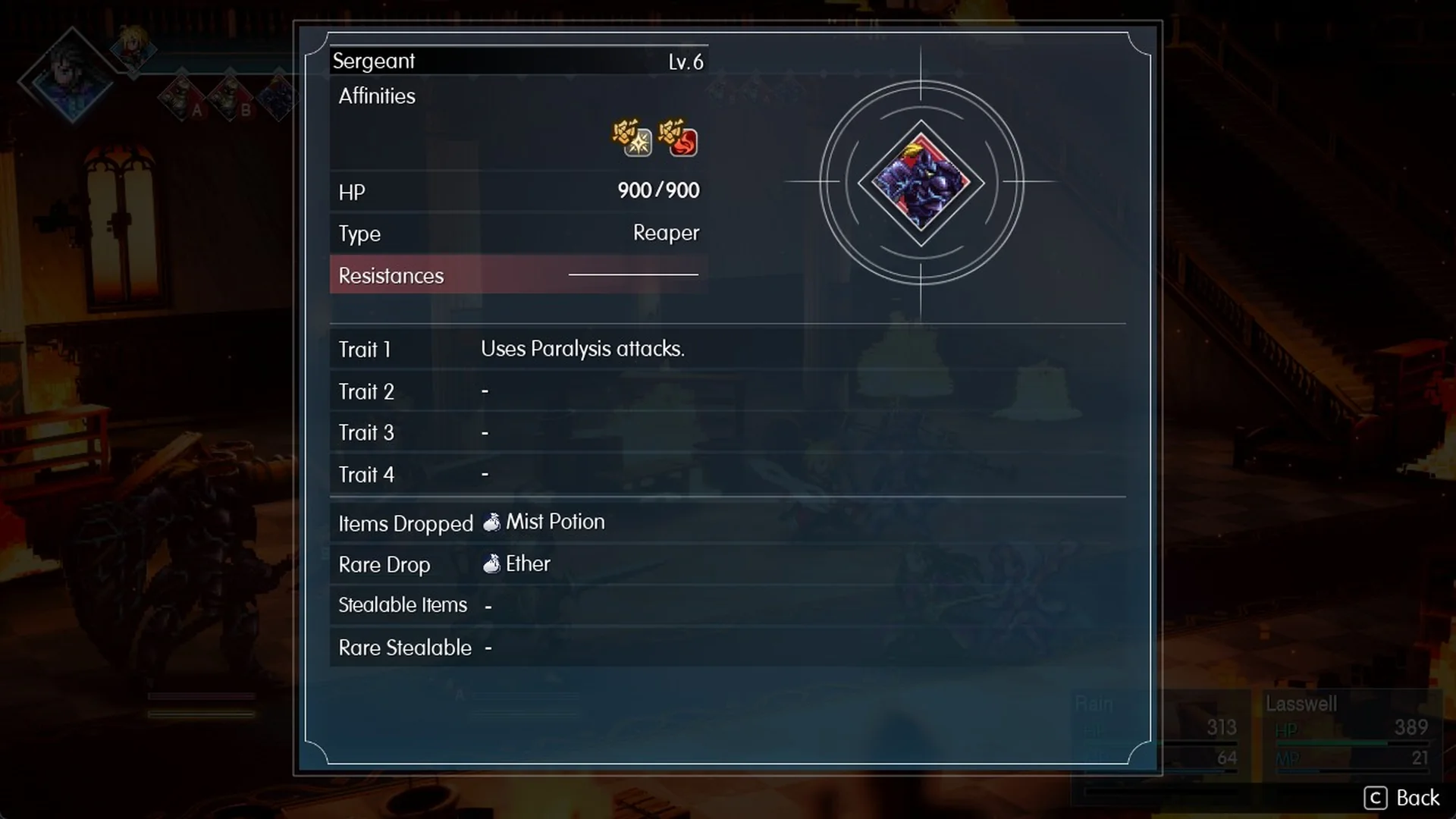 Libra on a Lv.6 Sergeant showing 900 HP, type Reaper, the trait Uses Paralysis attacks and drops Mist Potion and Ether
