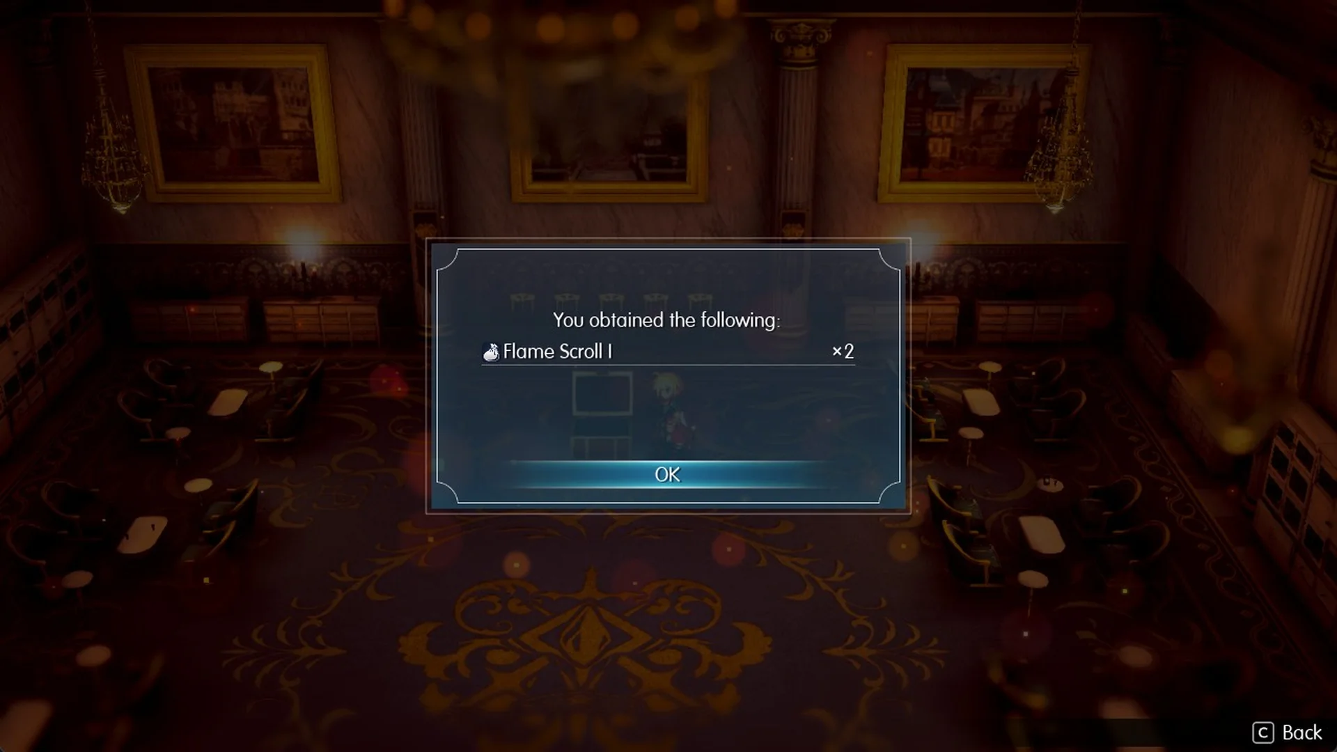 Item window reading You obtained the following: Flame Scroll I x2 in the first lounge