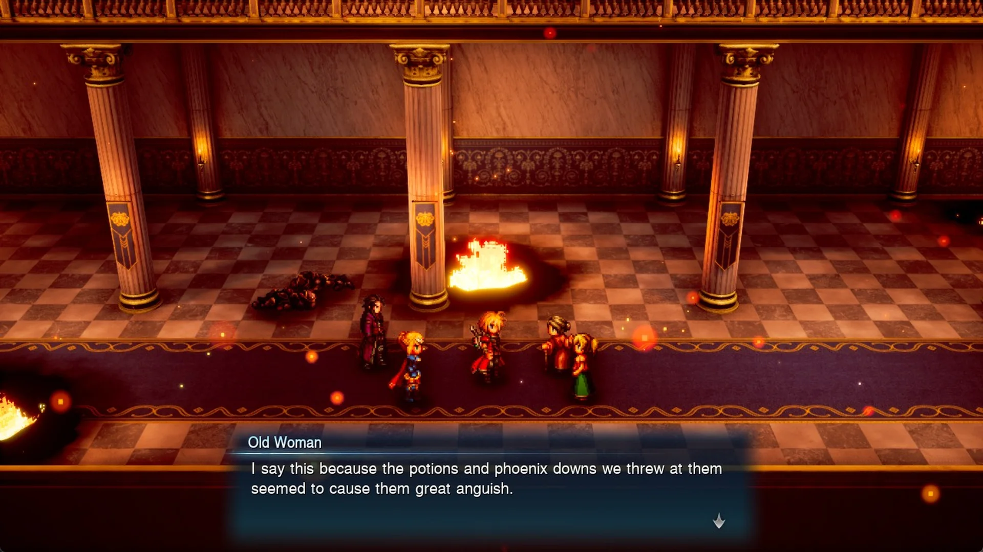 Old Woman saying the potions and phoenix downs thrown at the attackers caused them great anguish