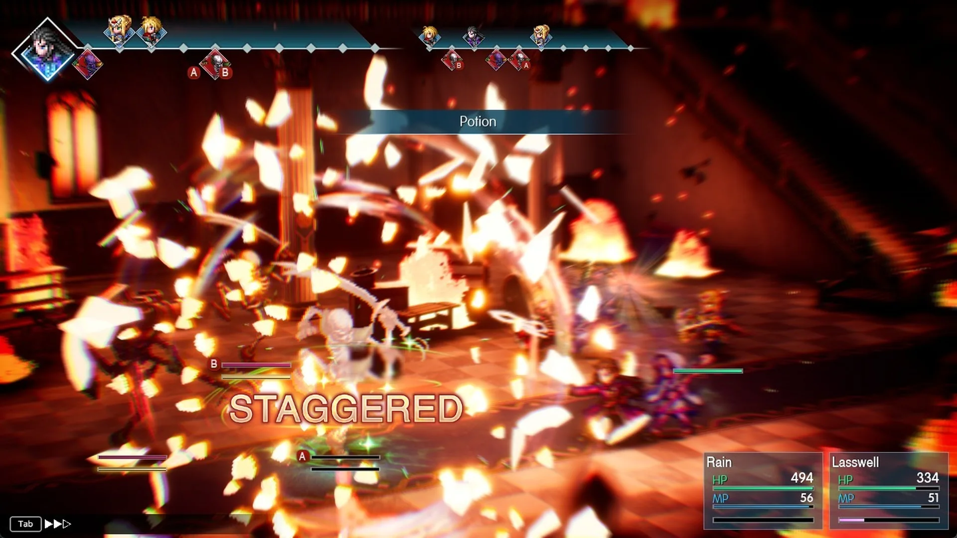 Potion hitting a Skeleton with STAGGERED shown