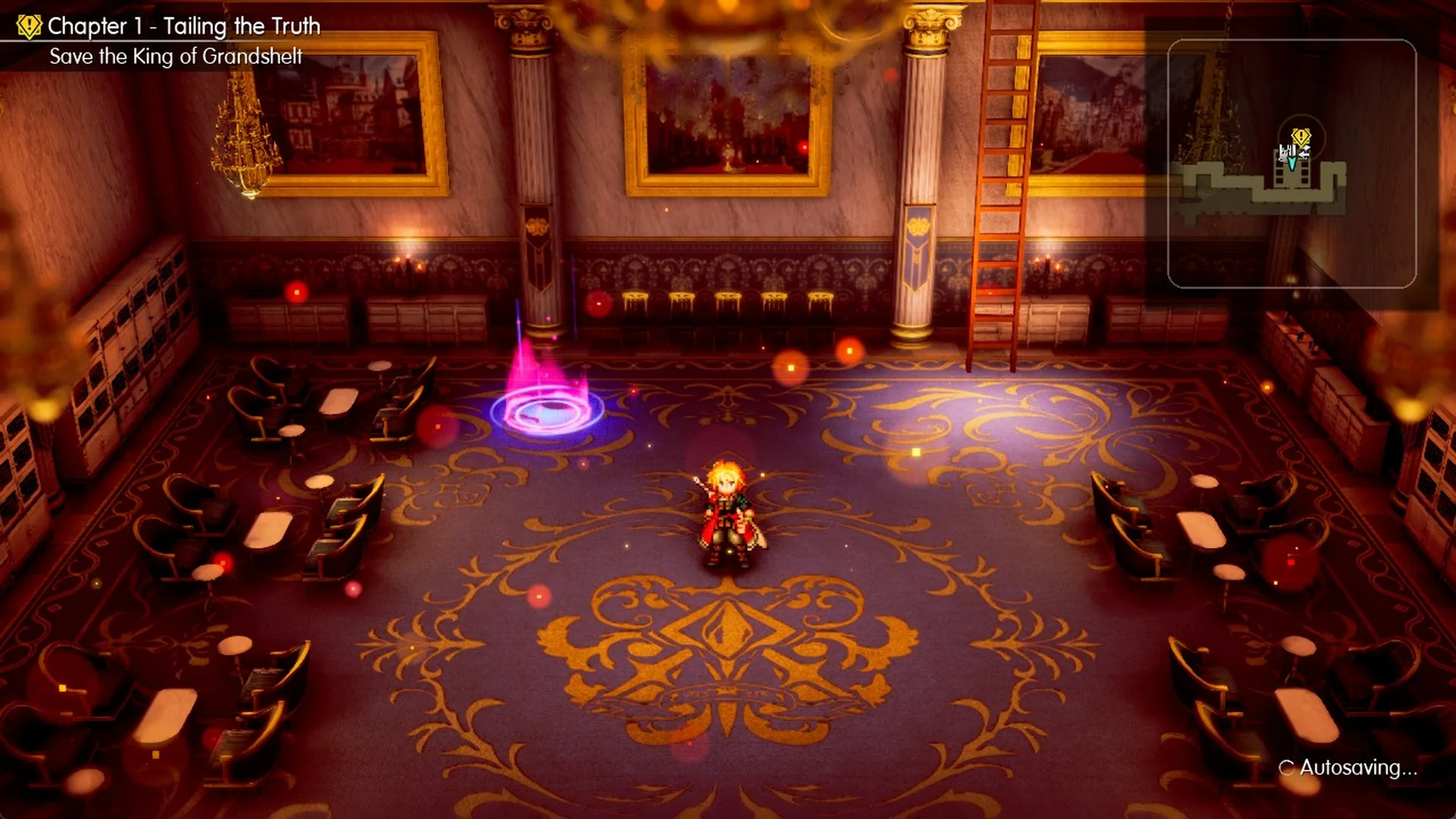 Pink save point glowing in the second lounge with Autosaving shown
