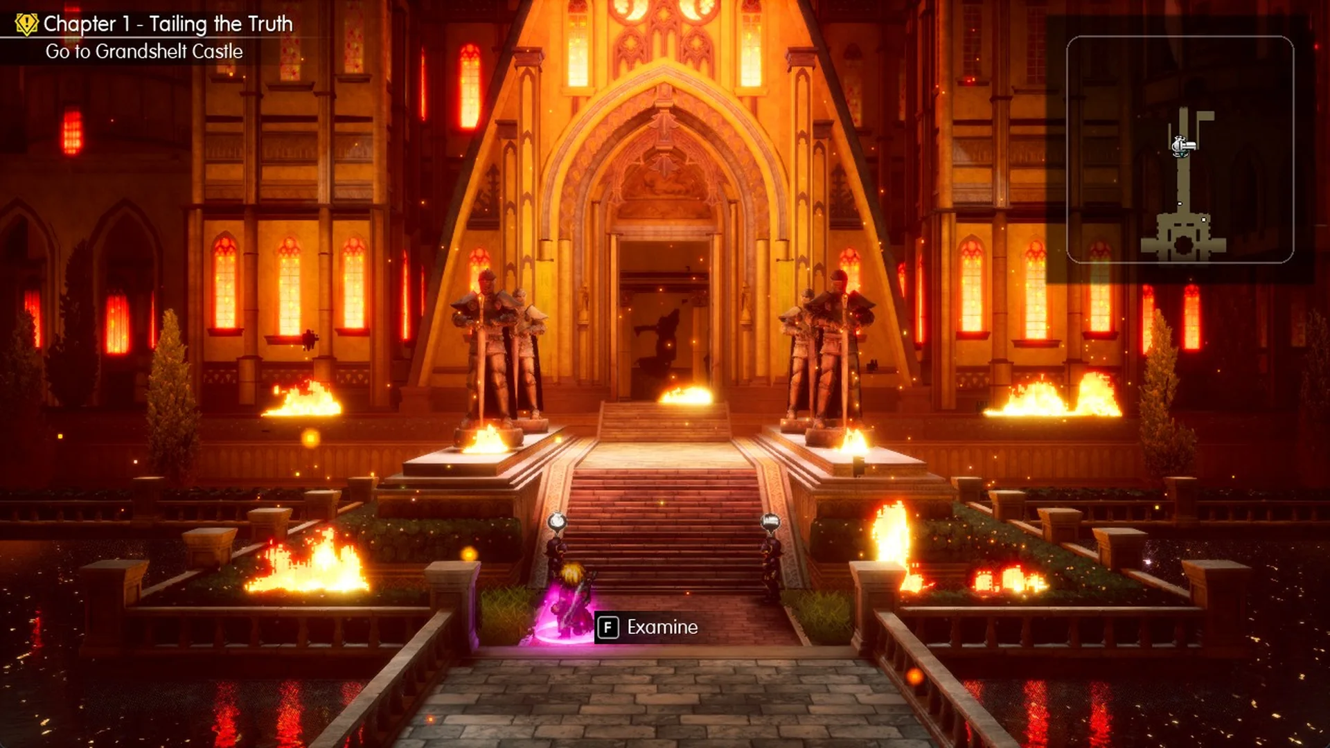 Rain at the foot of the burning Grandshelt Castle steps with the pink save point glow on the left