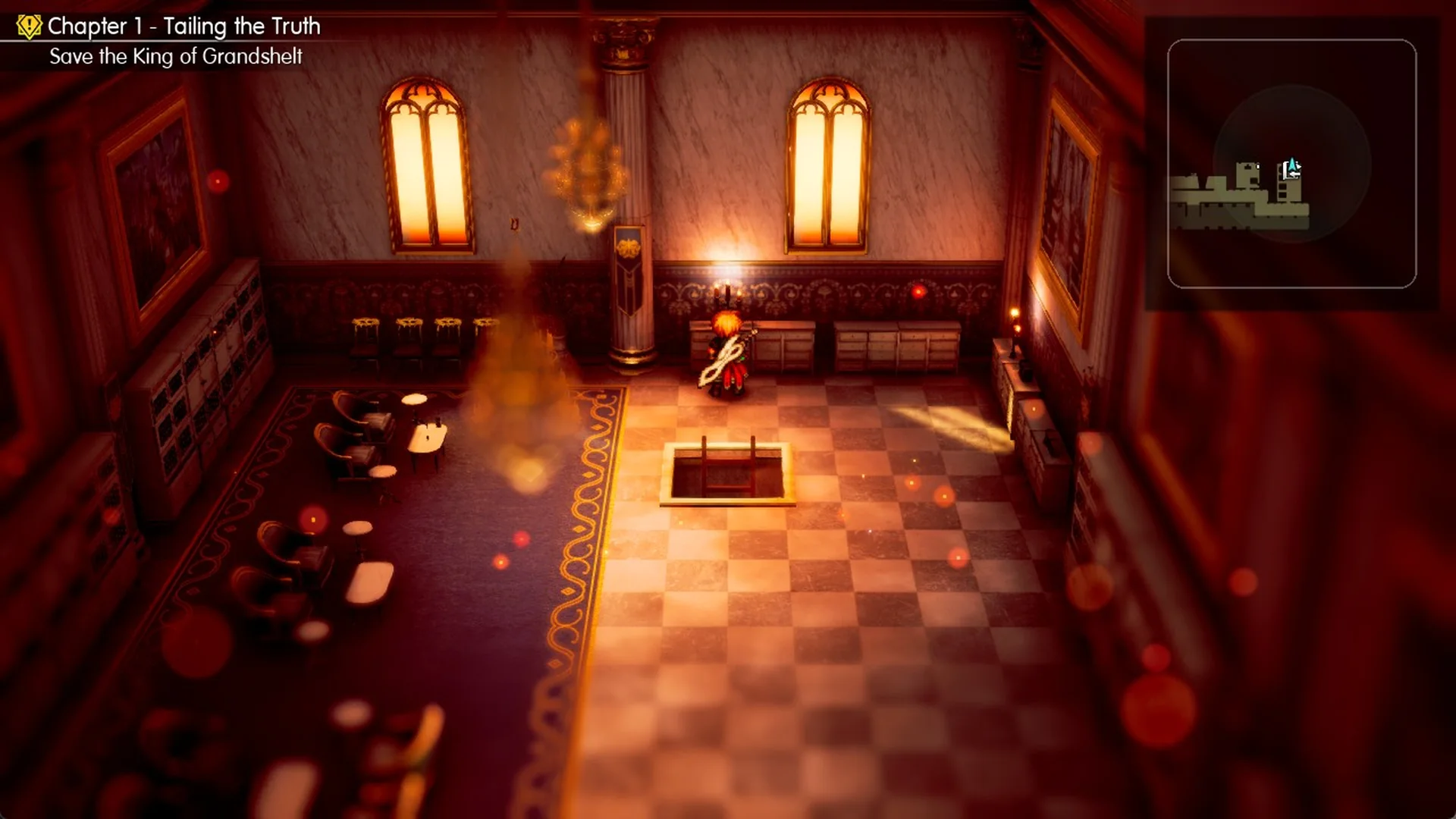 Small upper room with two arched windows and a trapdoor in the checkered floor