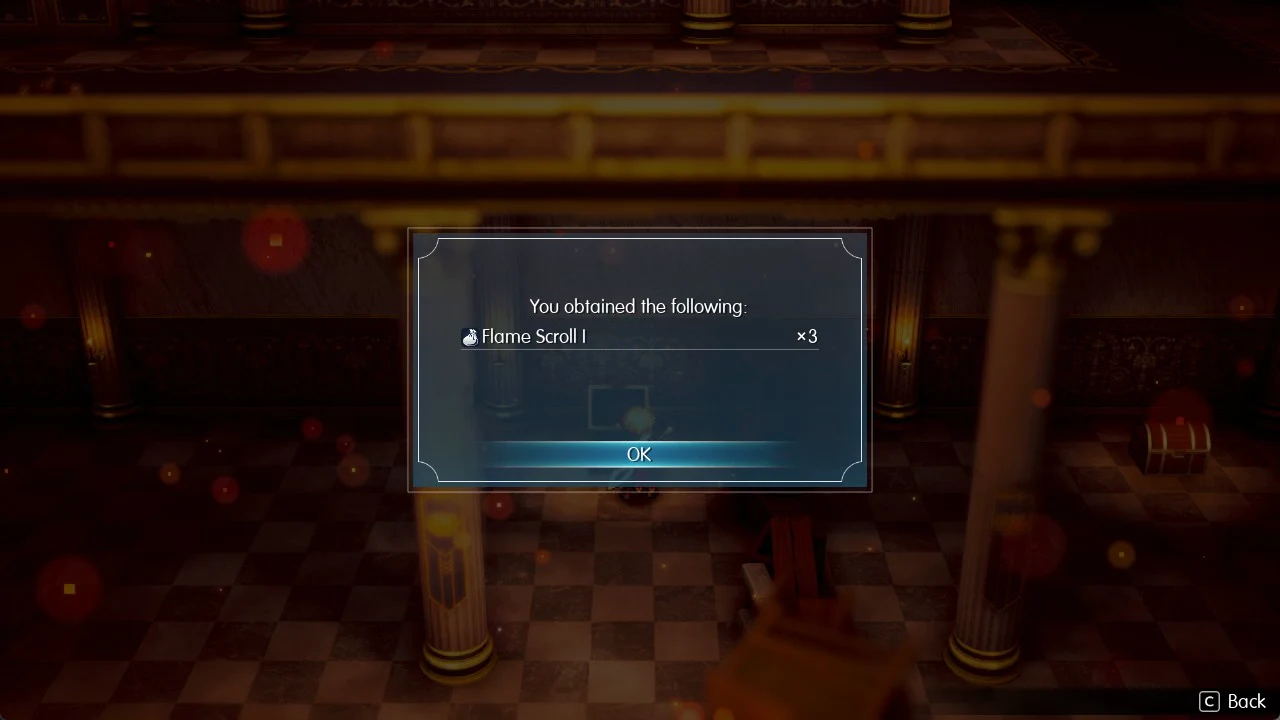 Item reward window listing Flame Scroll I x3 from the east wing chest
