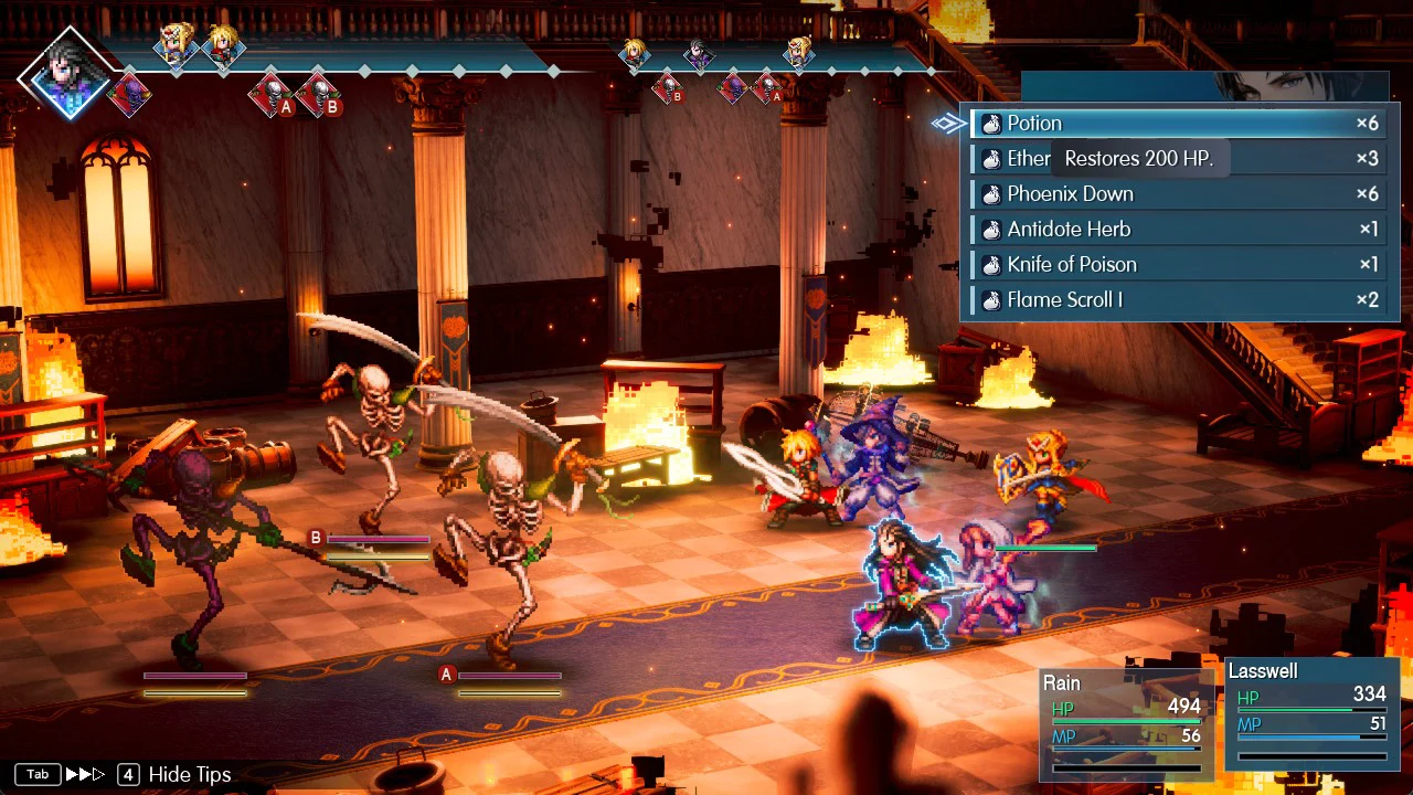 Battle Items menu with Potion highlighted during a fight in Grandshelt Castle