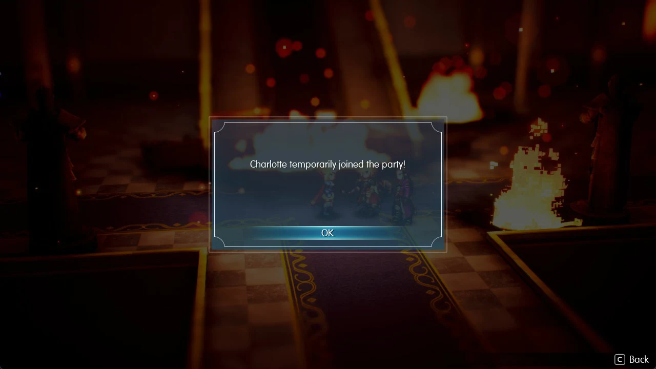 Popup confirming Charlotte has temporarily joined the party, with OK selected