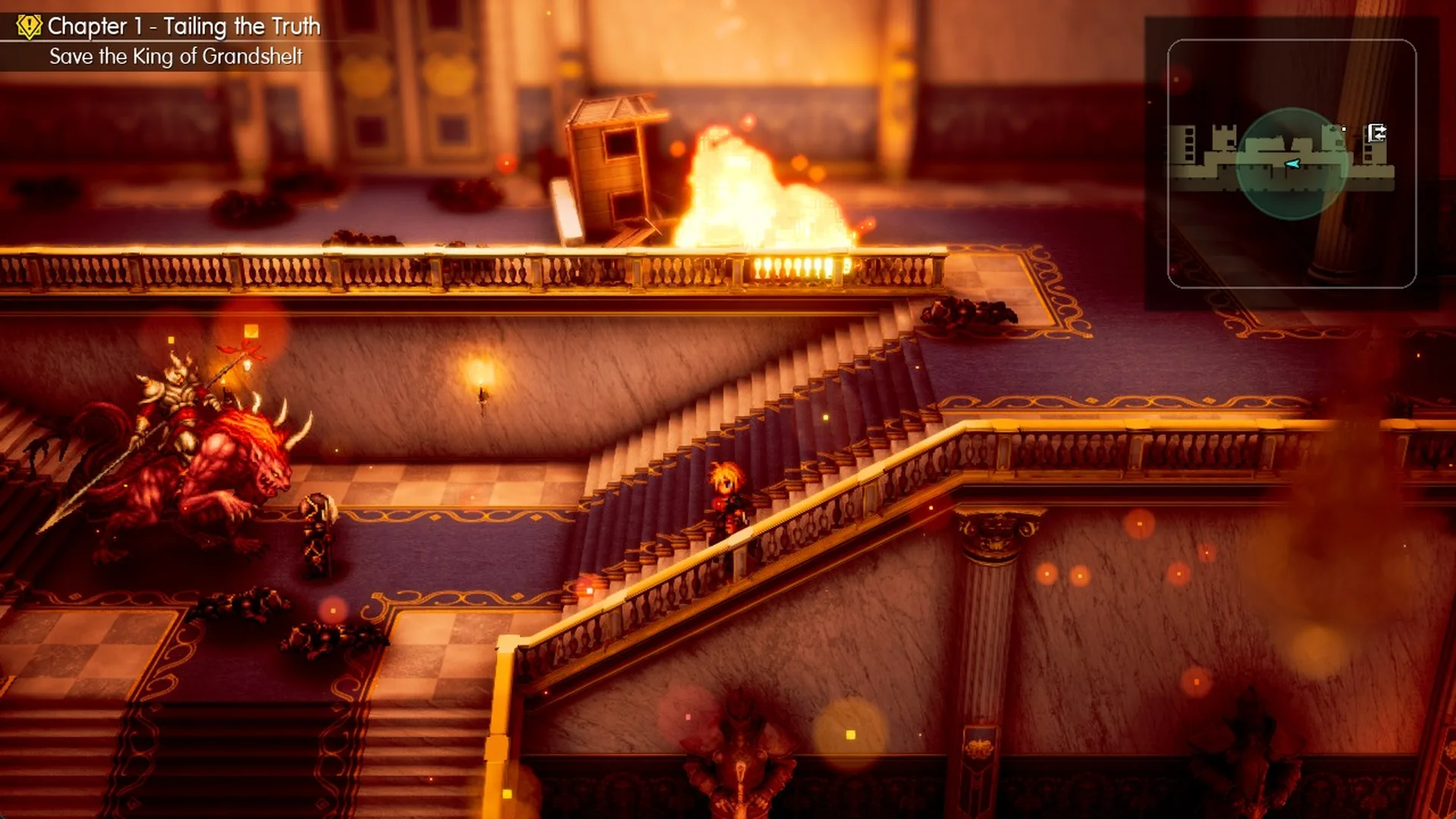 The grand staircase leading down to the left past a burning overturned bookcase
