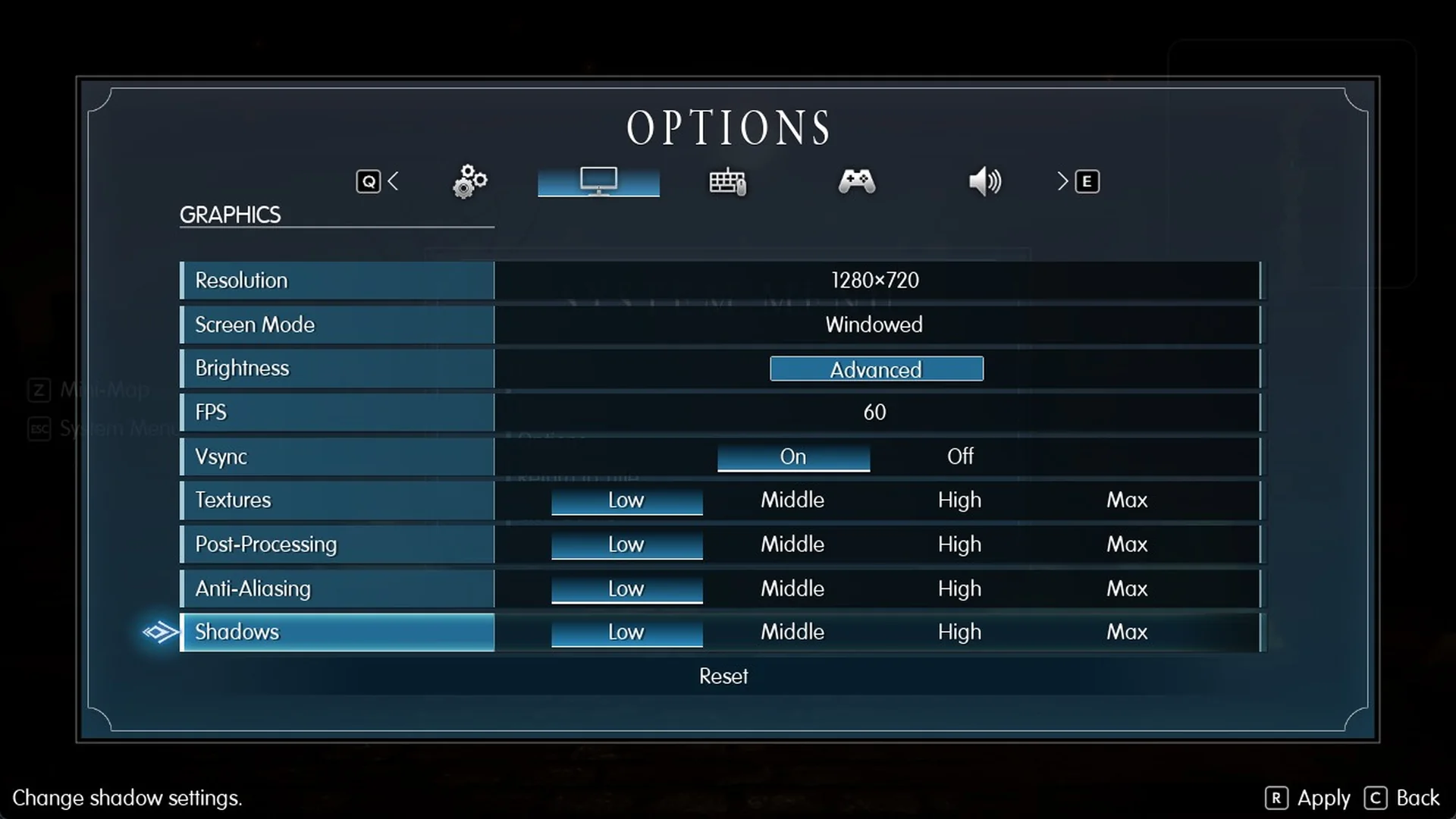 Final Fantasy Resonance Graphics tab with Textures, Post-Processing, Anti-Aliasing and Shadows all set to Low