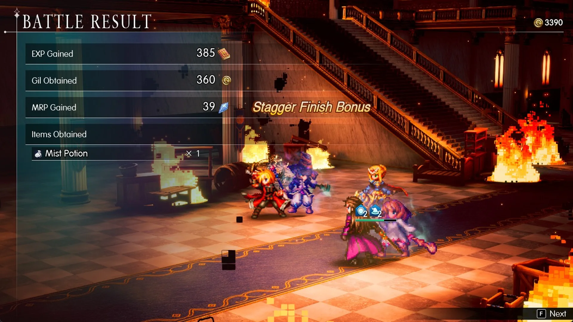 Battle Result: EXP 385, Gil 360, MRP 39, Mist Potion x1, Stagger Finish Bonus