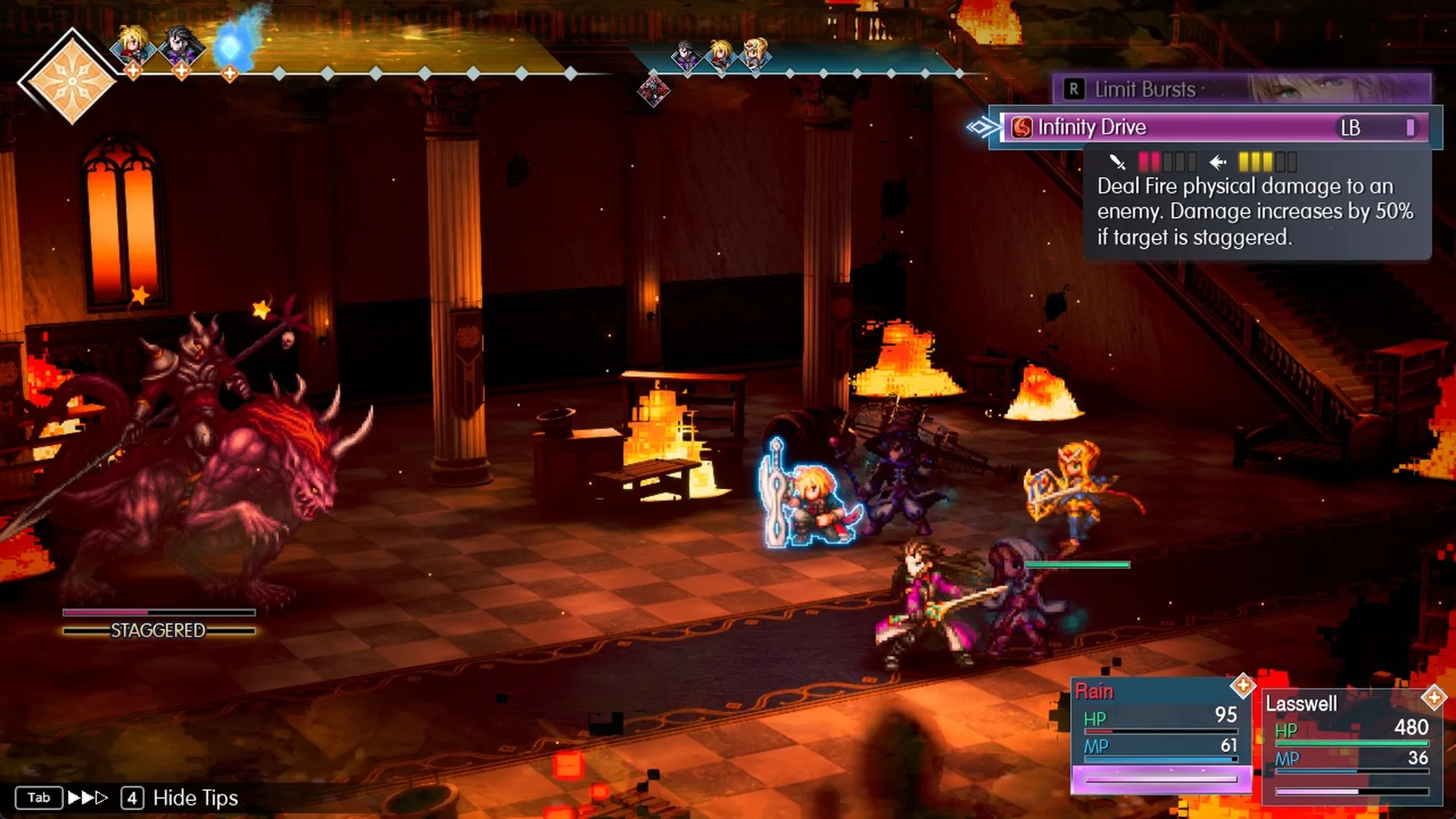 Infinity Drive Limit Burst: damage increases by 50% if target is staggered