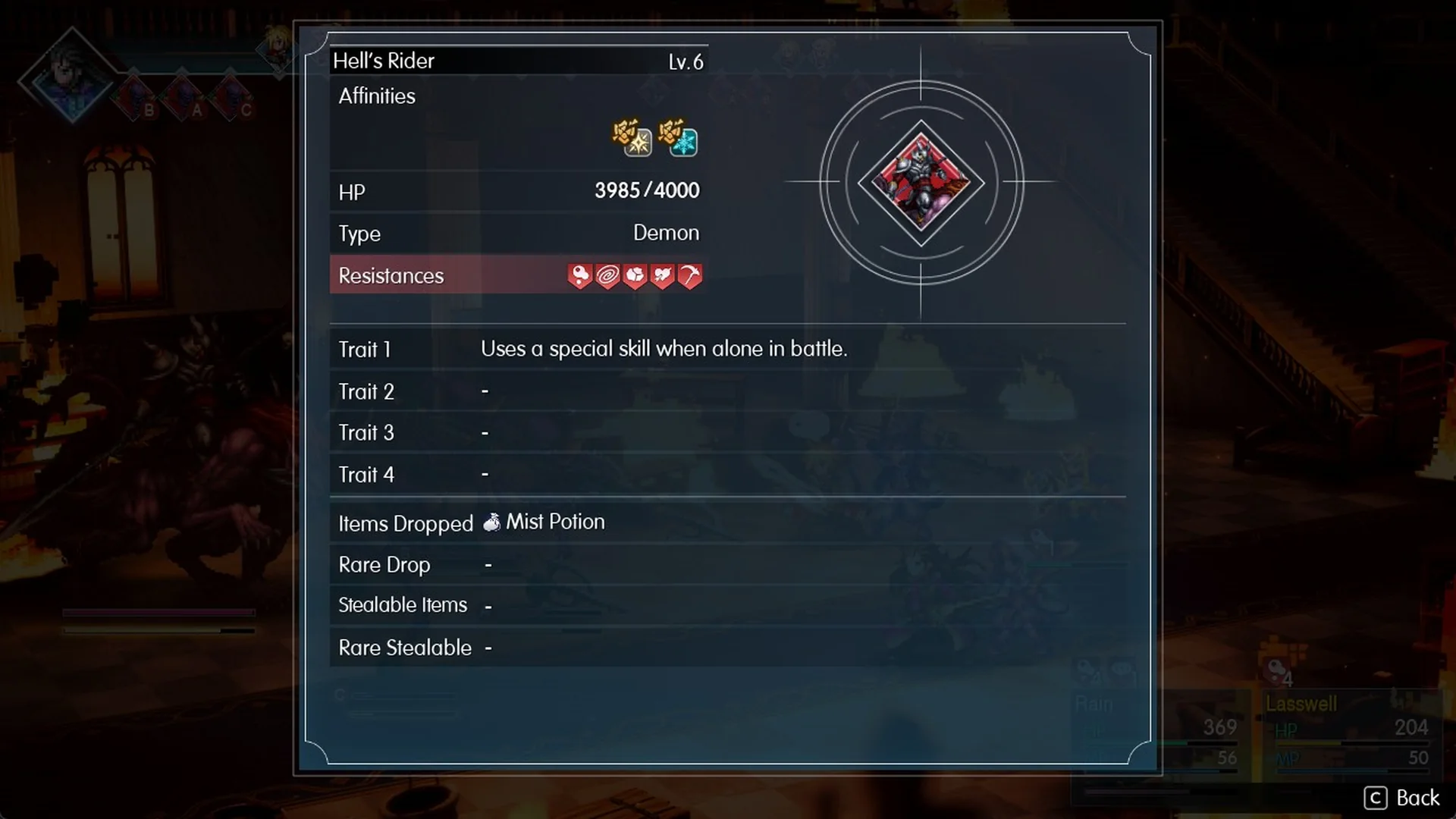Libra on Hell's Rider showing Lv.6, HP 4000, Demon, Light and Ice weakness, resistances and Mist Potion drop
