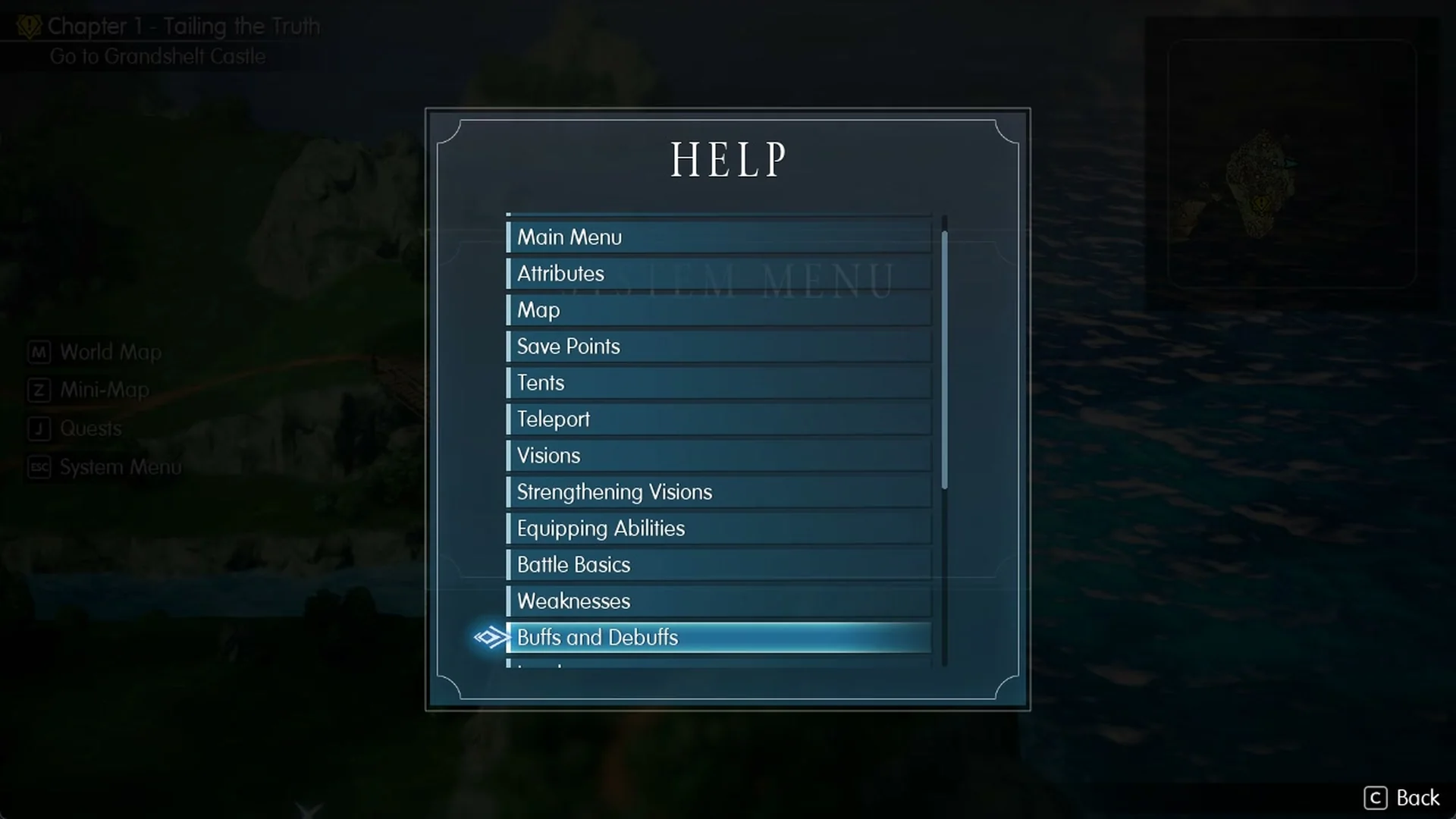 The Help list in the System Menu with the Buffs and Debuffs entry selected