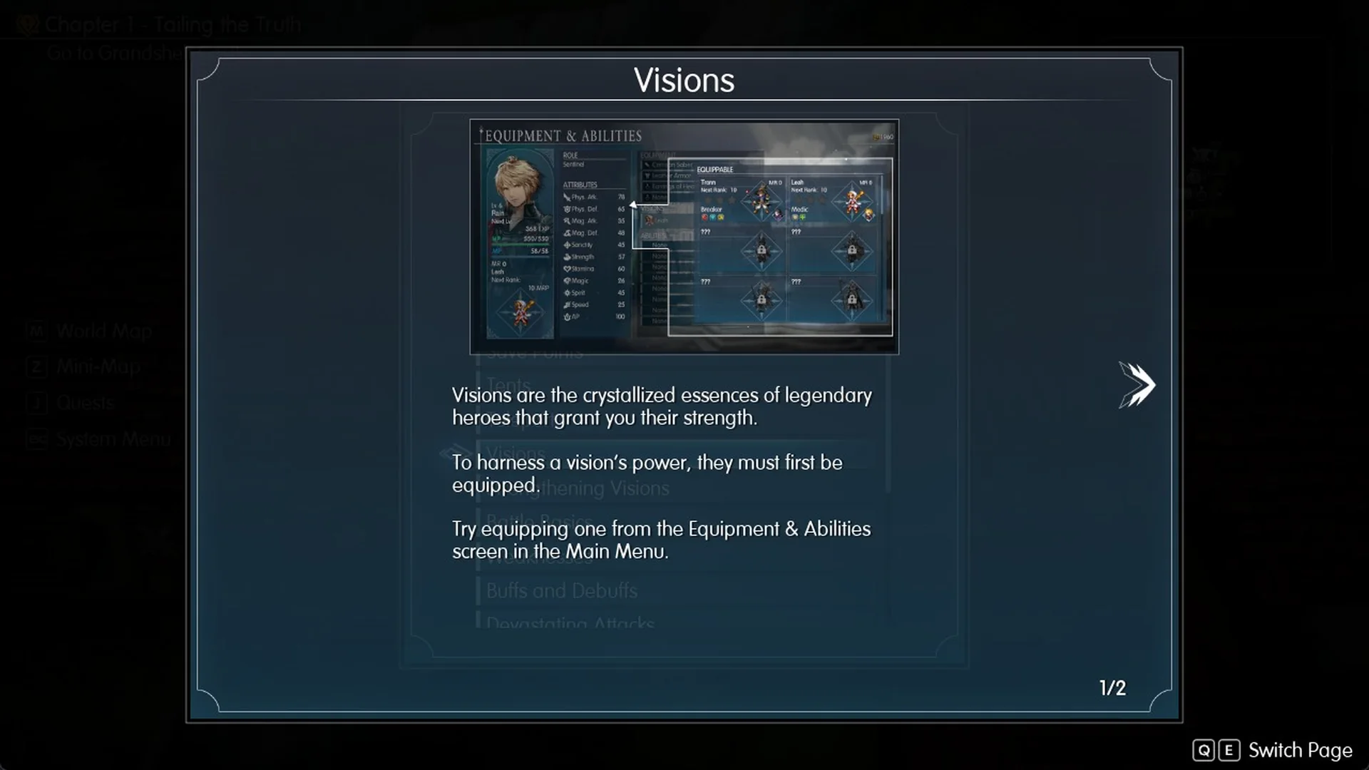 Help page Visions 1 of 2 saying visions grant the strength of legendary heroes and must be equipped from the Equipment and Abilities screen