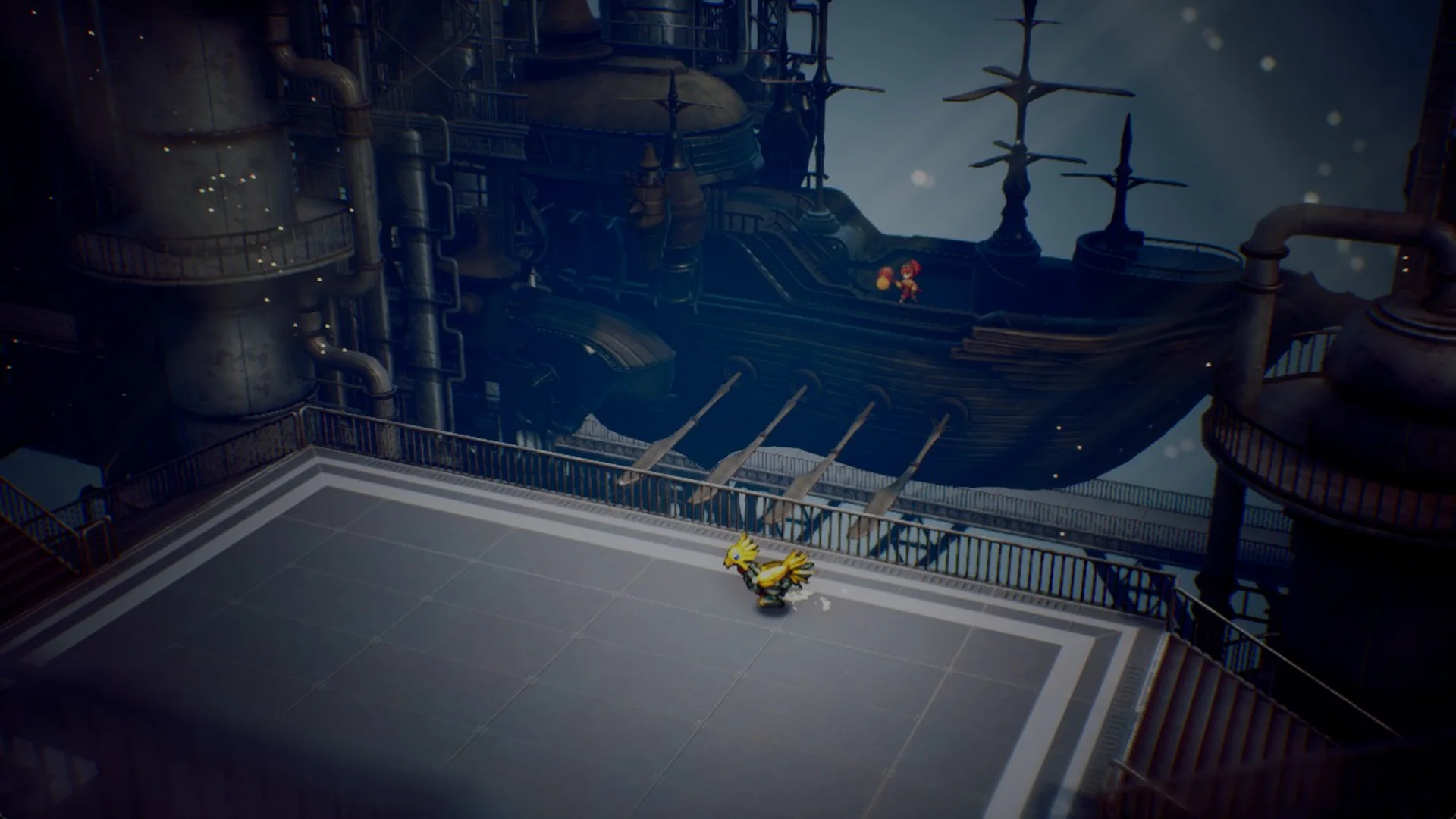 Mechabo on the Dilmagia shipyard deck with Lid's airship behind