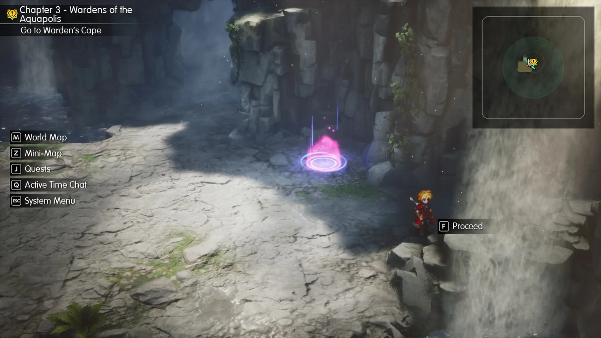 Waterfall Way north hall save point and the exit with F Proceed