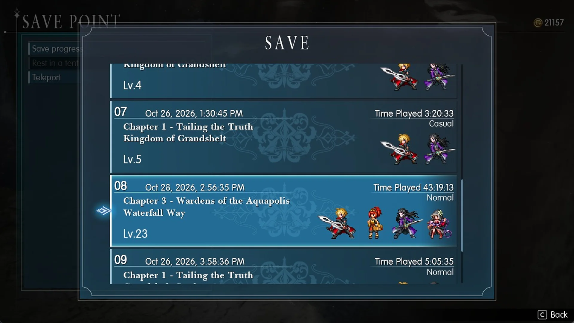 Save Point menu with Save progress, Rest in a tent and Teleport