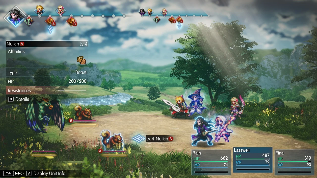 Turn-based battle in a sunny meadow with a party of five facing two squirrels and a bird, with enemy info panel at left.