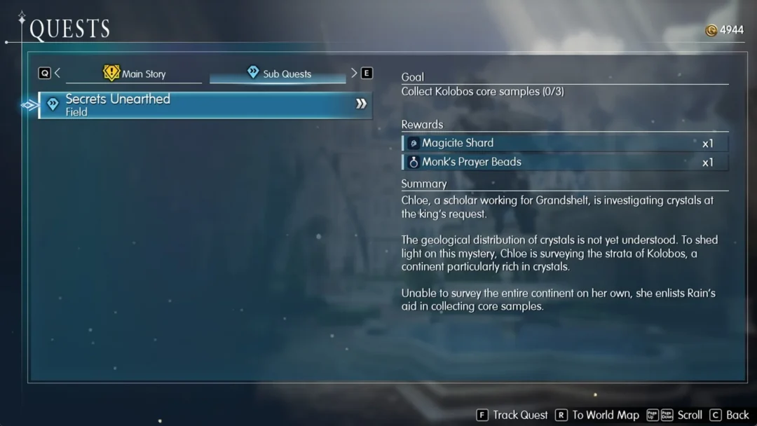 Sub Quests log for Secrets Unearthed with a Magicite Shard and Monk's Prayer Beads as rewards in Final Fantasy Resonance