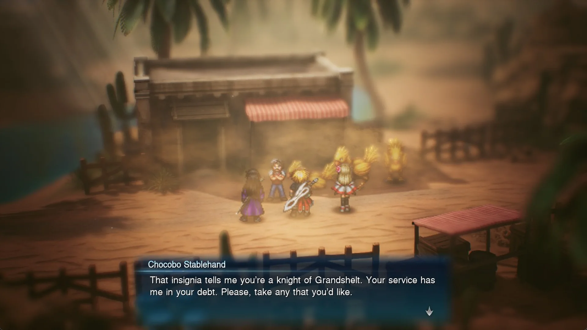Chocobo Stablehand in Kol saying the knight of Grandshelt can take any chocobo they like