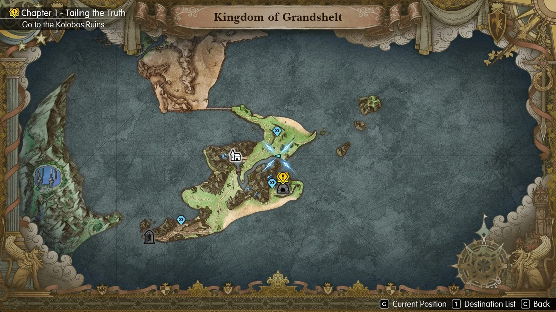 World map with the Kolobos Ruins cave icon on the south-east peninsula of the Felicitas island