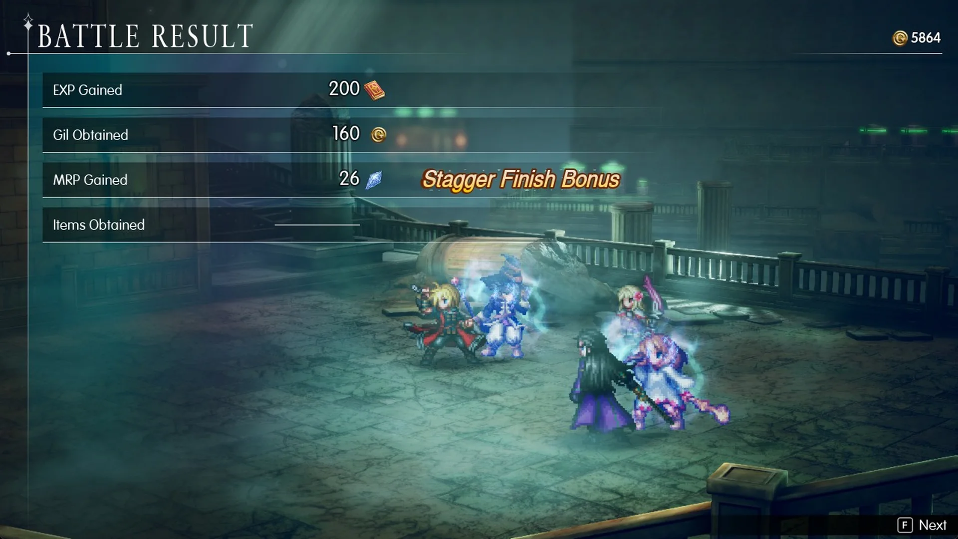 Battle Result 200 EXP 160 Gil 26 MRP after the basement fight