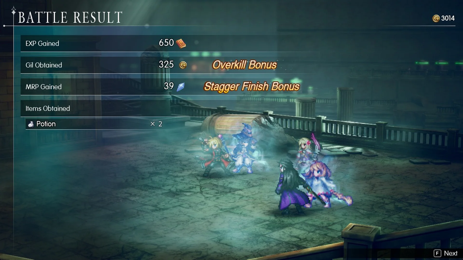 Battle Result after The Hunger: 650 EXP, 325 Gil, 39 MRP, Potion x2