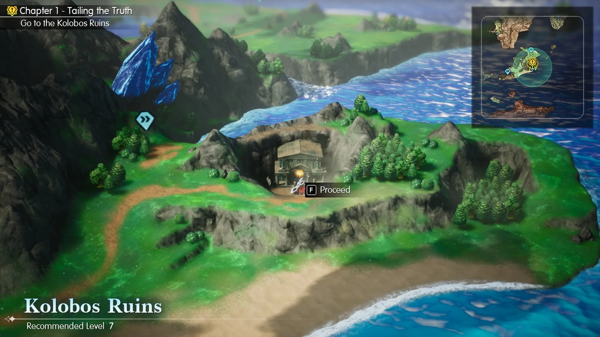 Kolobos Ruins door with Proceed and Recommended Level 7 banner